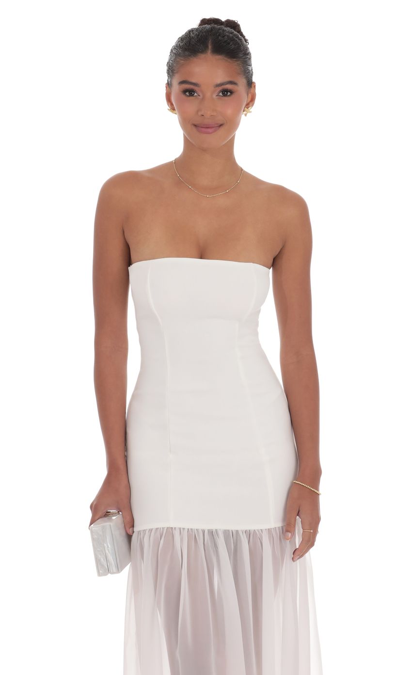 Strapless Chiffon Drop Skirt Maxi Dress in White