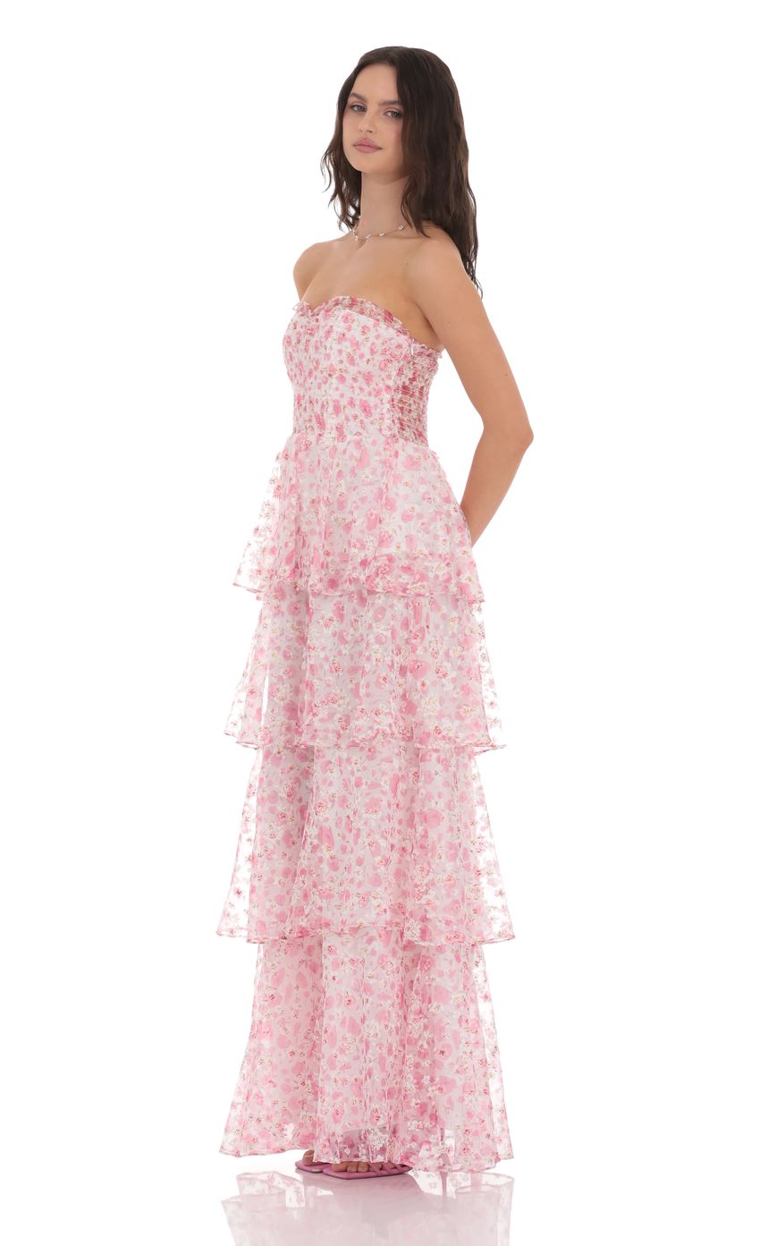 Smocked Floral Ruffle Maxi Dress in Pink