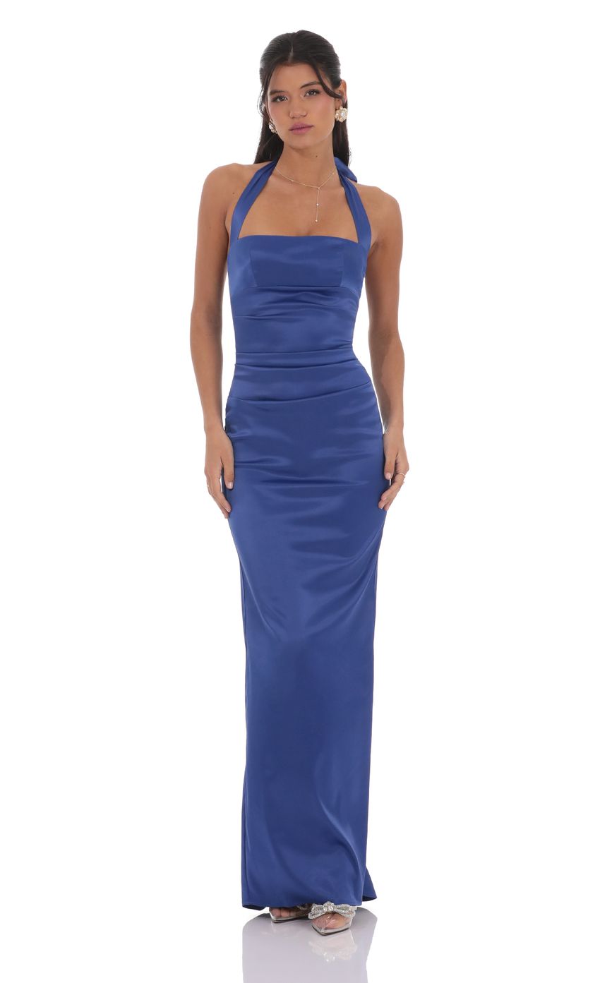 Satin Halter Maxi Dress in Blue