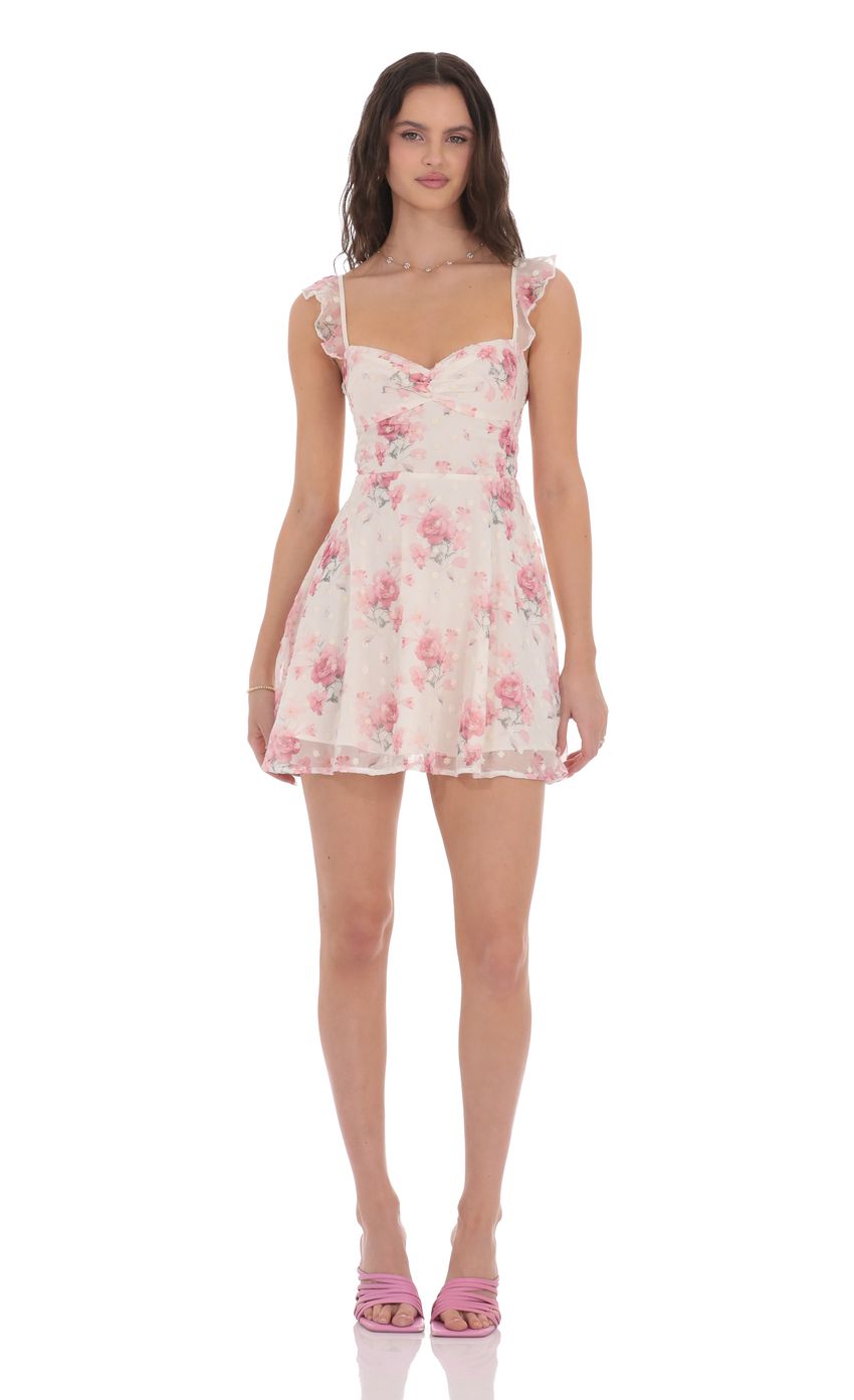 Floral Ruffle Strap A-Line Dress in Cream