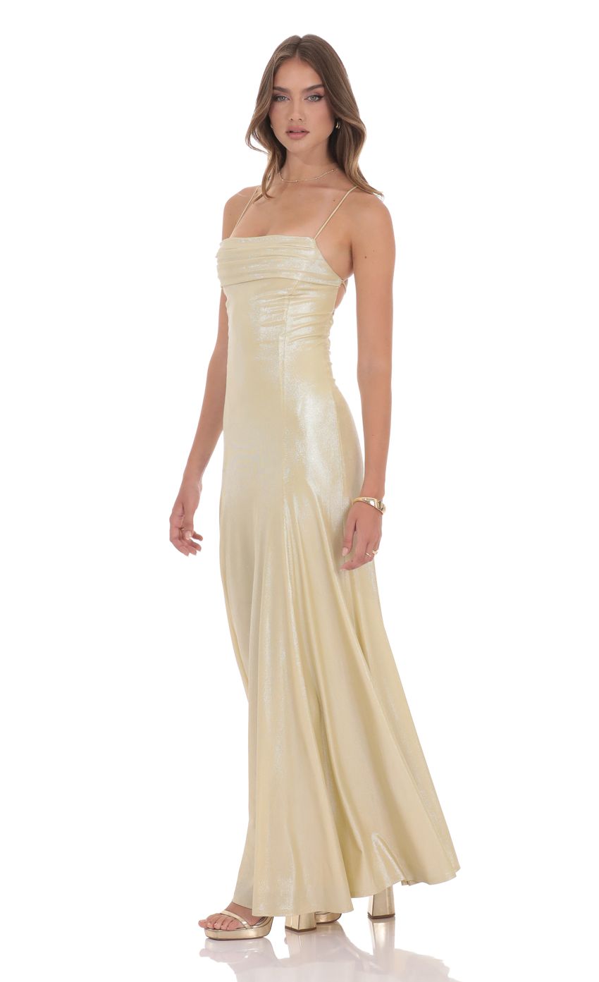 Shimmer Draped Open Back Maxi Dress in Gold