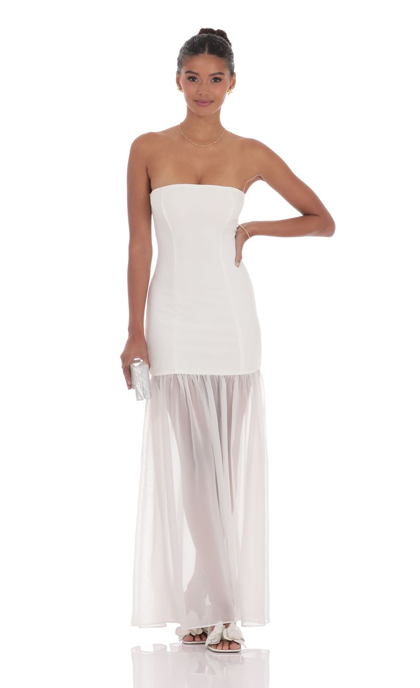 Strapless Chiffon Drop Skirt Maxi Dress in White