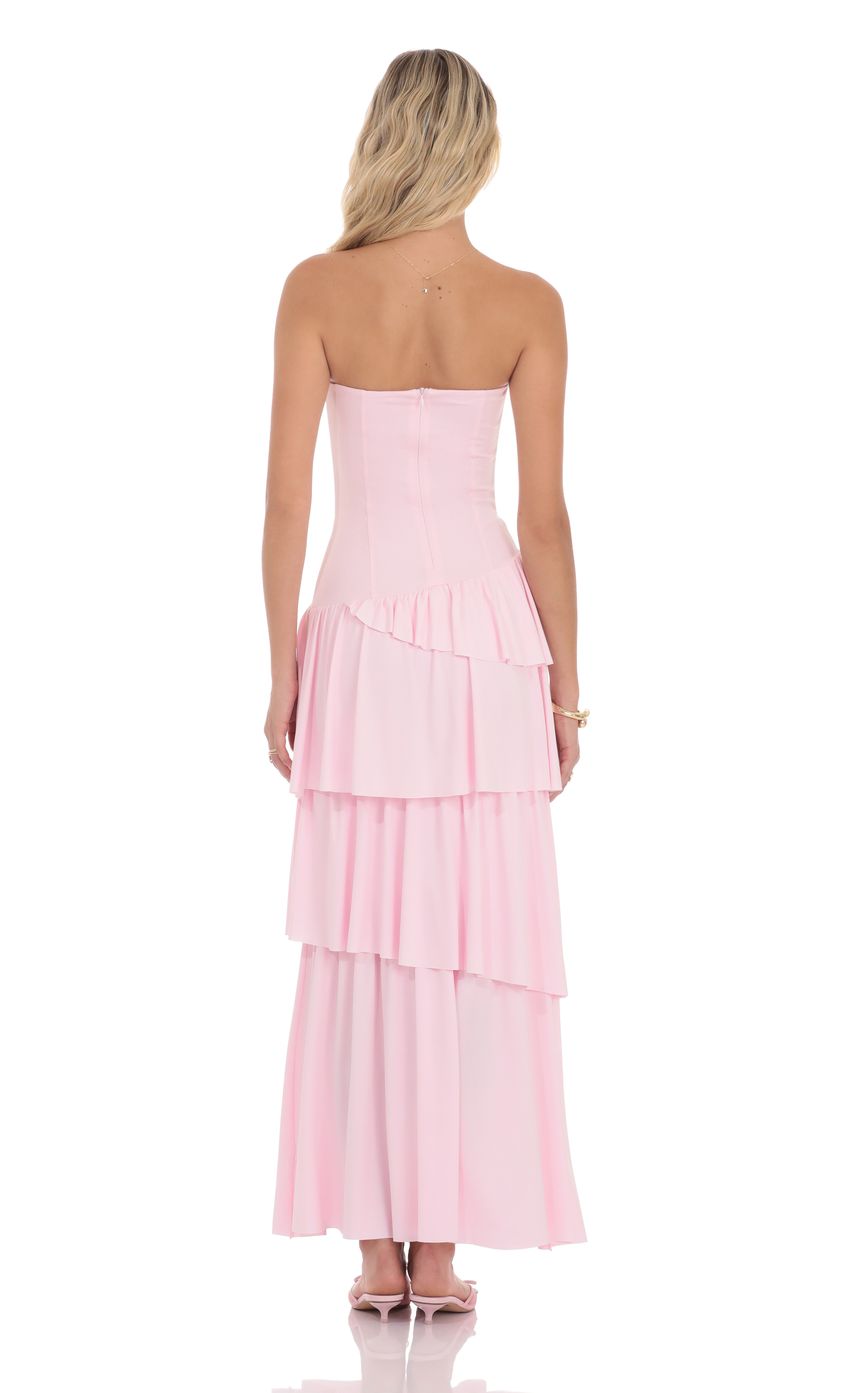 Strapless Asymmetrical Ruffle Maxi Dress in Pink
