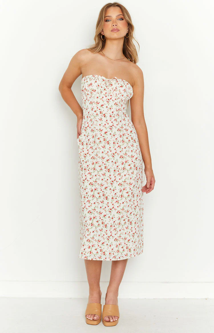 Dion White Floral Strapless Midi Dress
