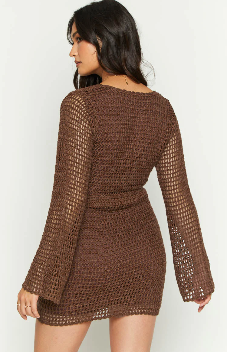 Donovan Brown Crochet Mini Dress