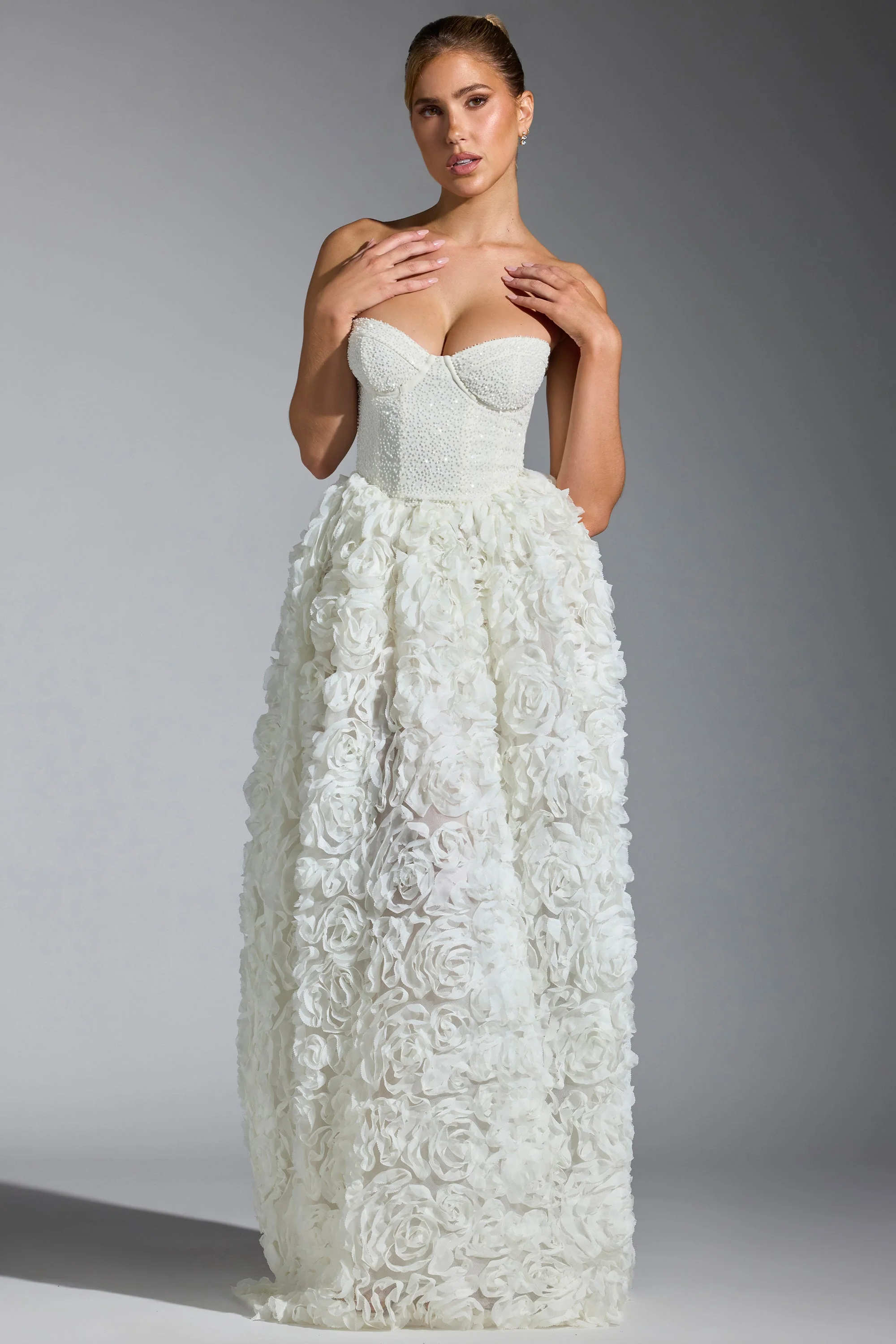 Embellished Floral-Appliqué Corset Gown in White