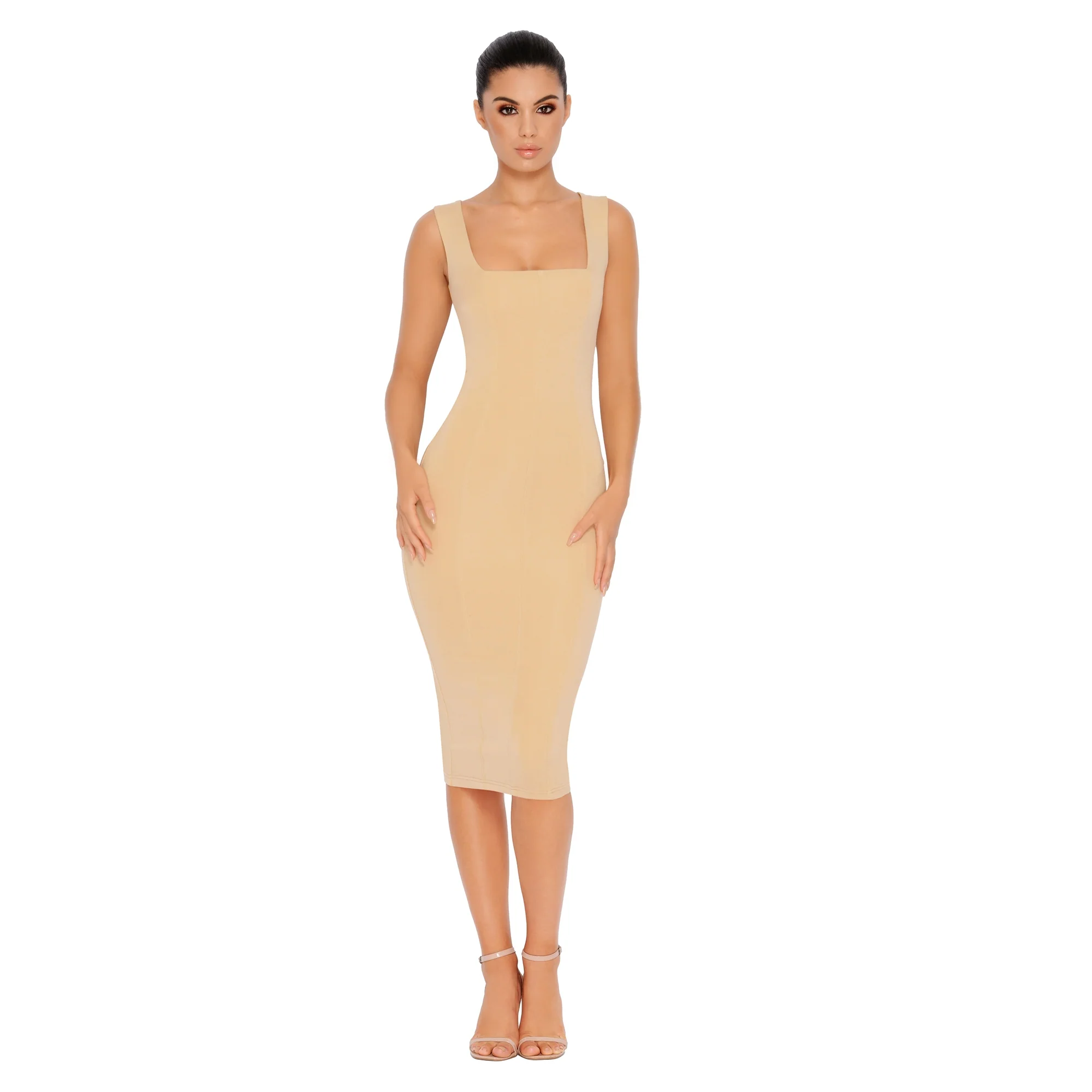 Hip To Be Square Double Layered Midi Dress in Beige