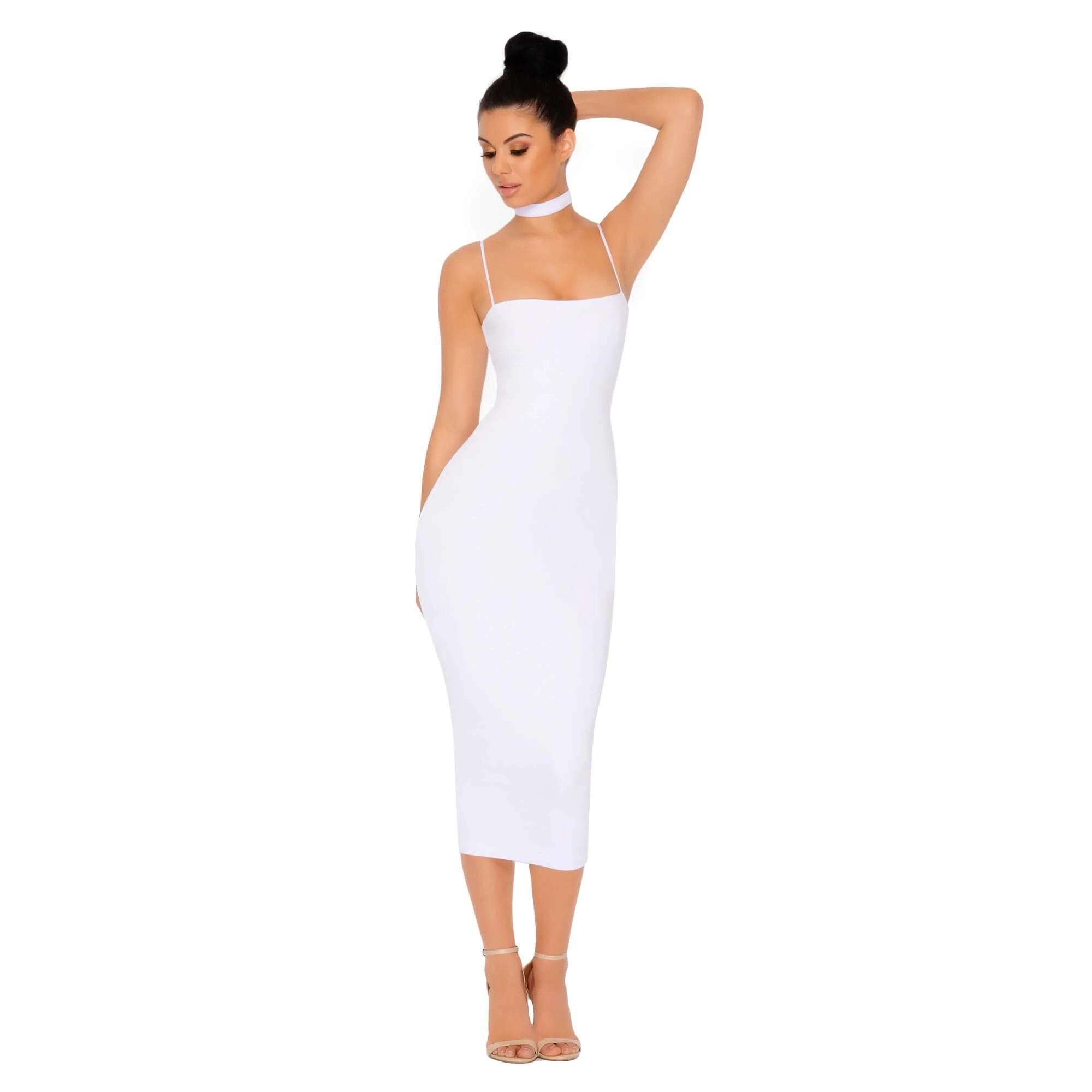 Choke Of Luck Double Layered Midi Dress with Choker in White