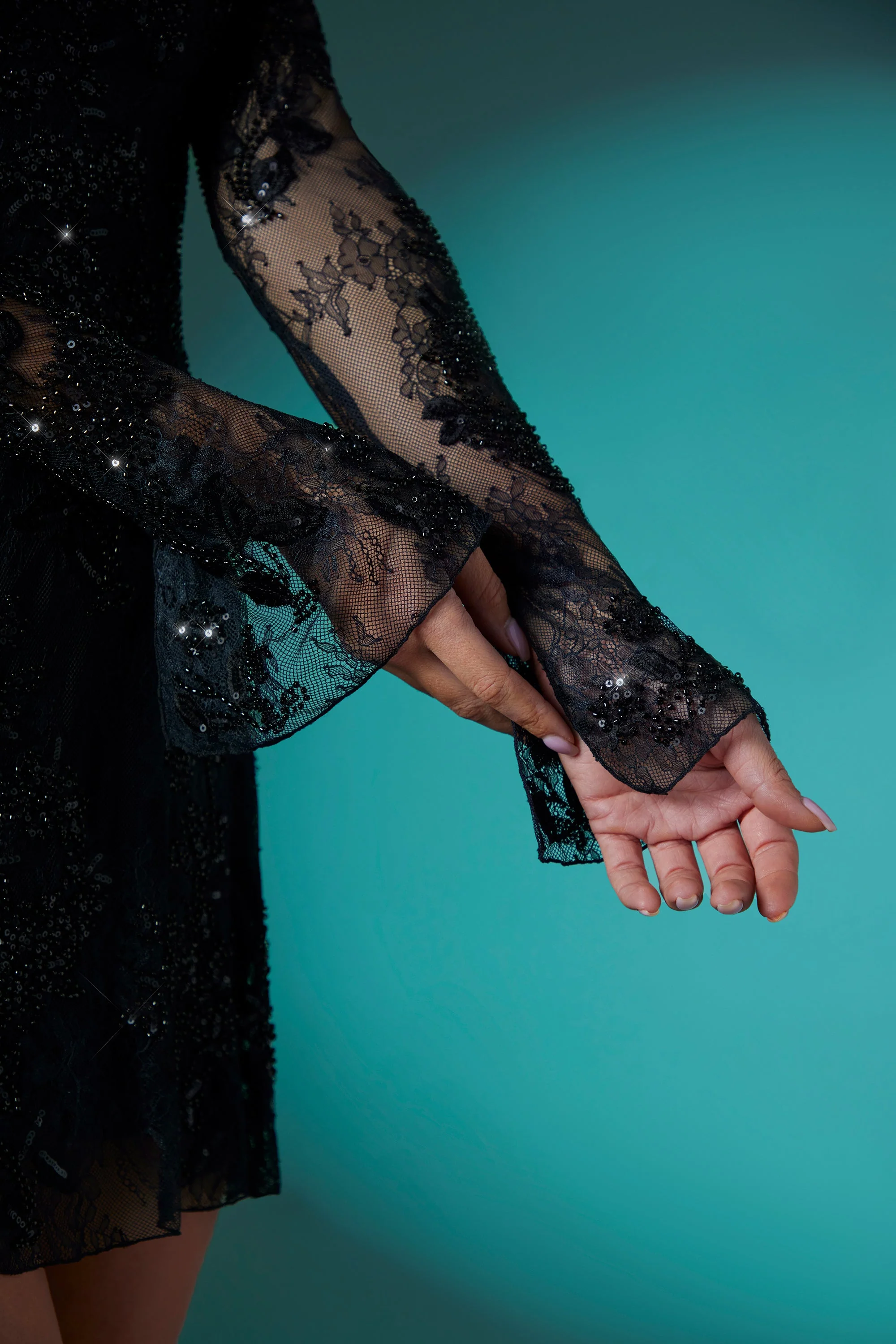 Long Sleeve Embellished Lace Shrug in Black