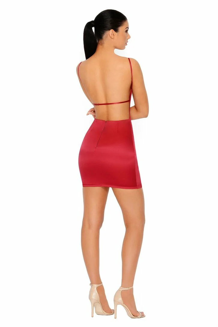 Cutting Shapes Satin Mini Dress in Berry Red