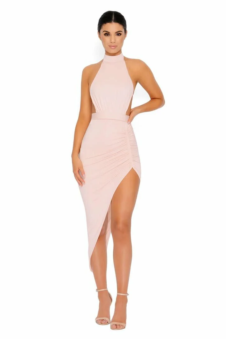 Eyes On The Thighs Halter Neck Asymmetric Midi Dress in Blush