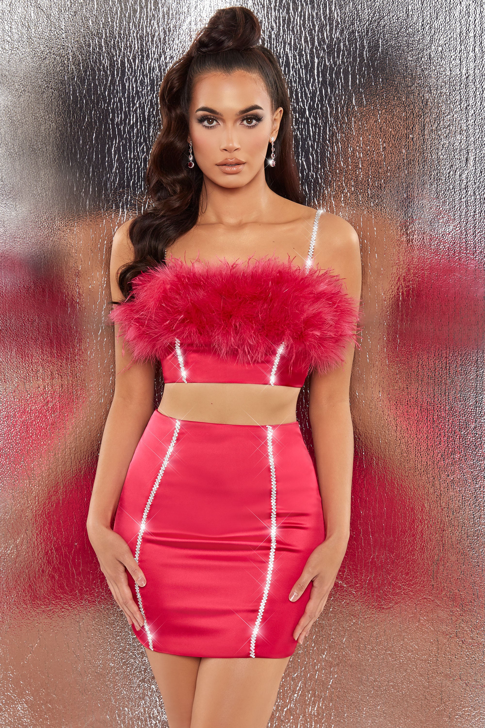Bring The Party Embellished Satin Feather Crop Top in Hot Pink