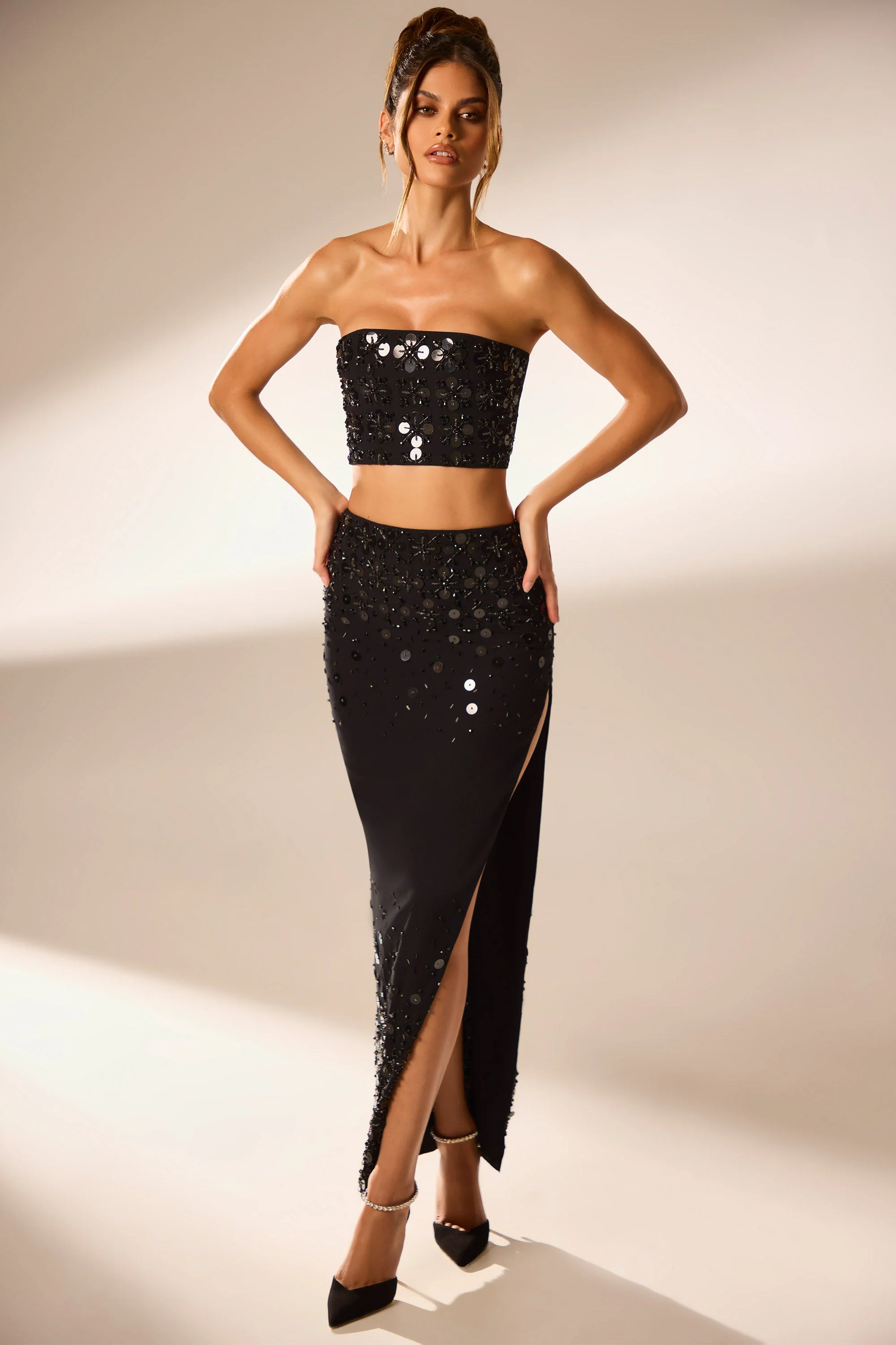 Hand Embellished Maxi Skirt in Black