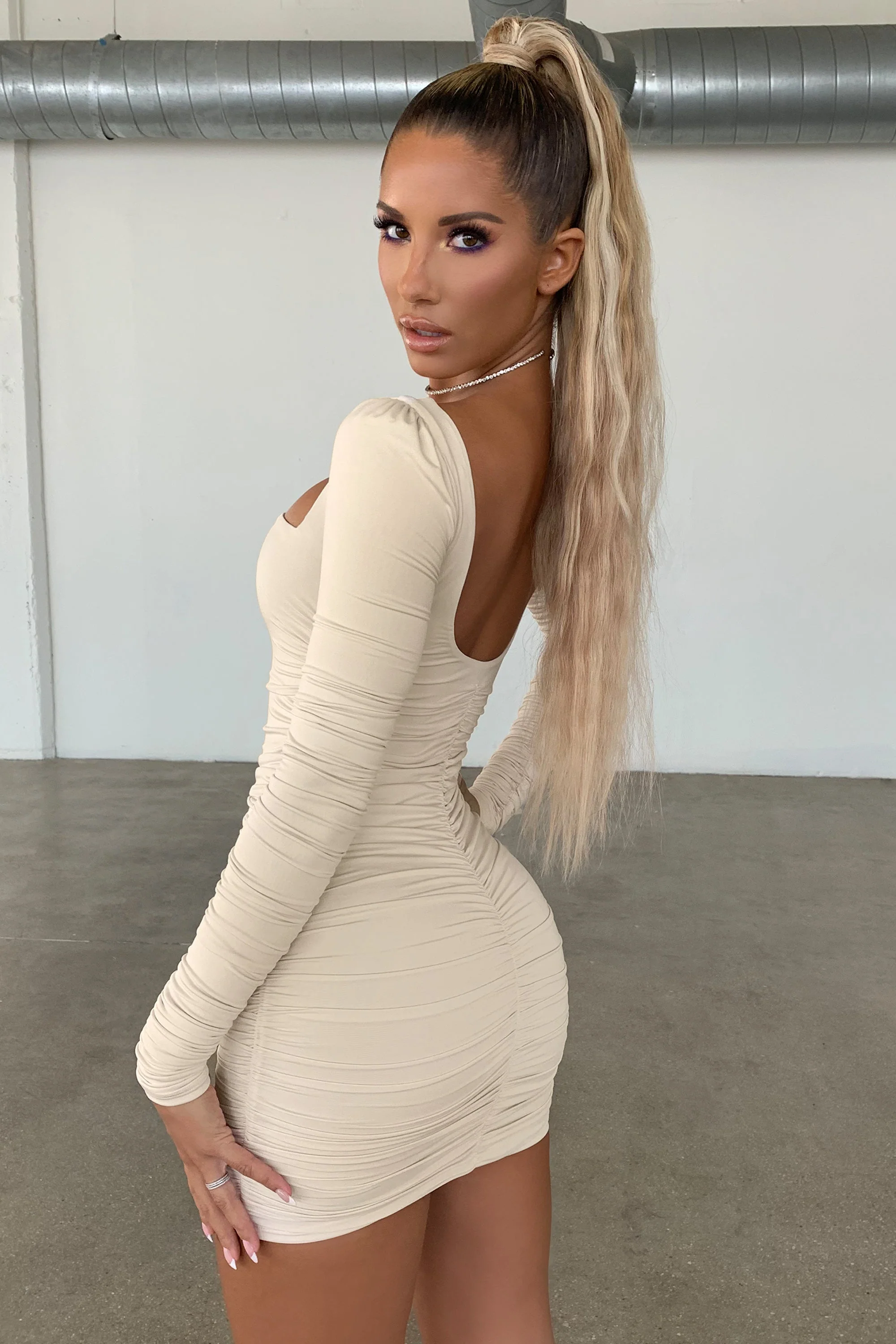 Long Sleeve Ruched Mini Dress in Oyster White