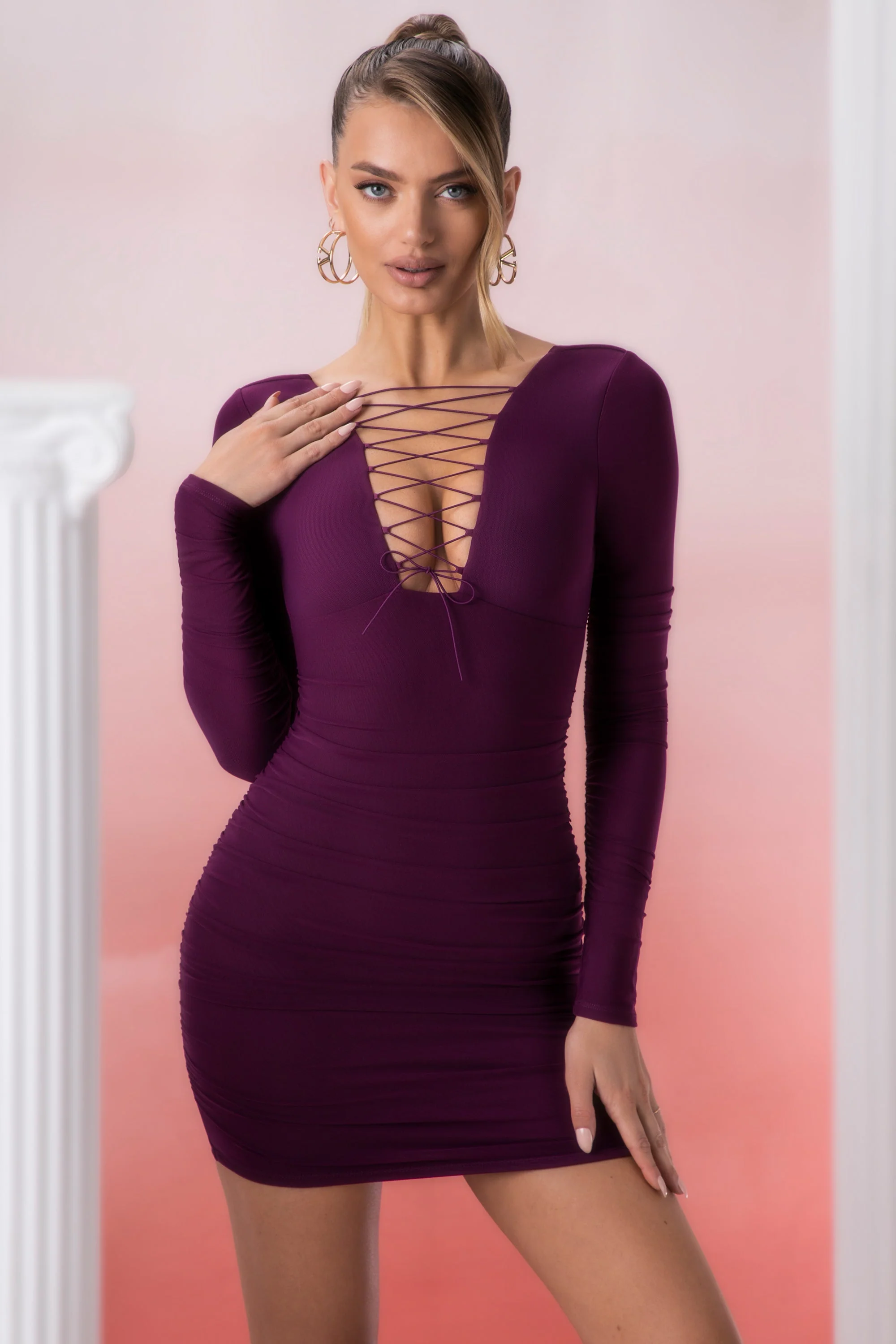 Lace Up Long Sleeve Mini Dress in Wine