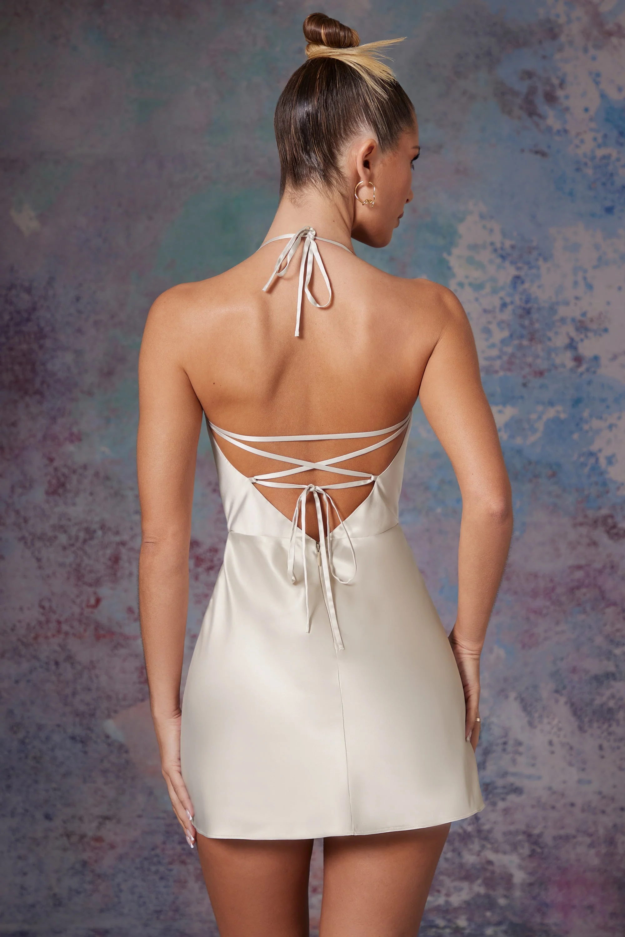 Cowl Front Wrap Over Mini Dress in Stone