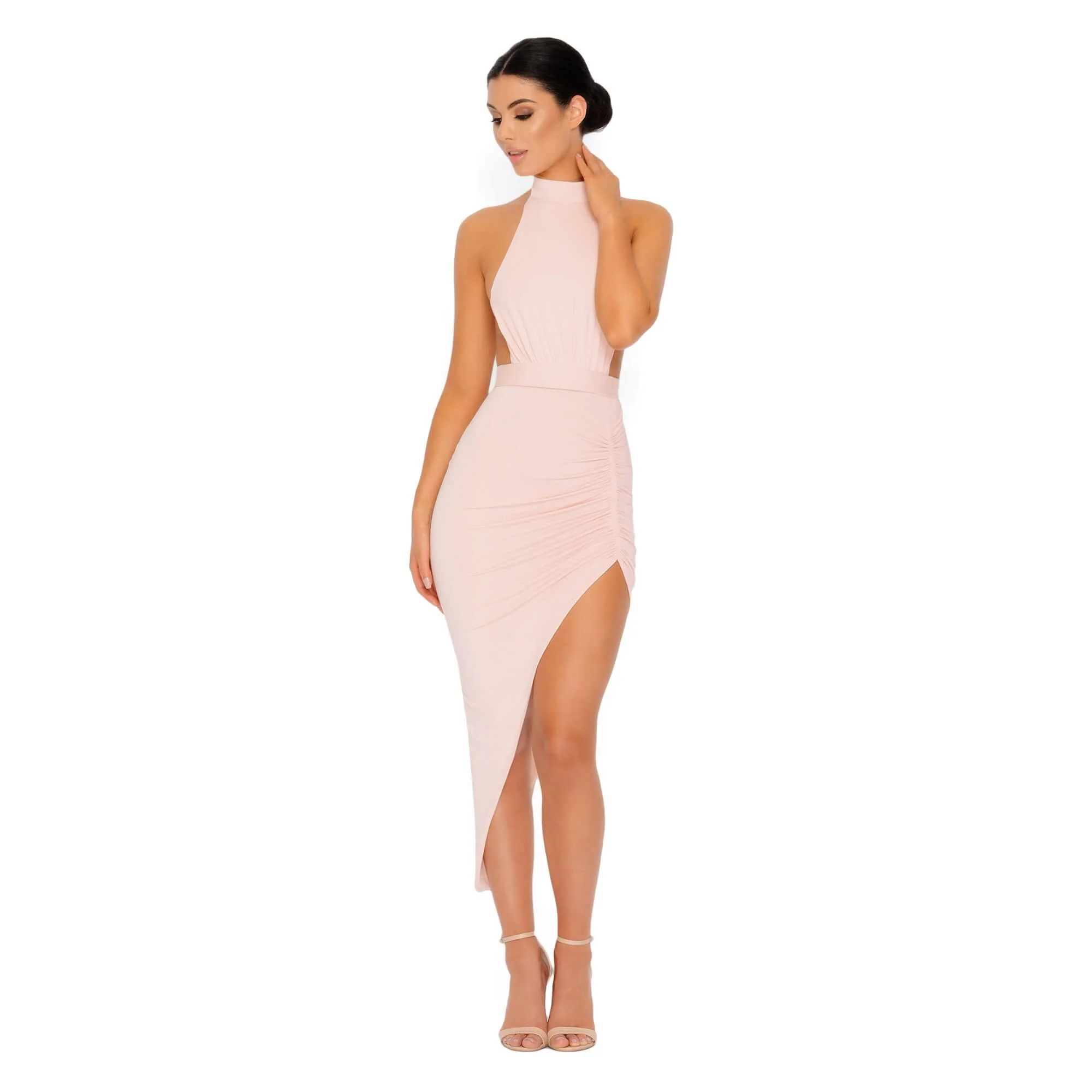 Eyes On The Thighs Halter Neck Asymmetric Midi Dress in Blush