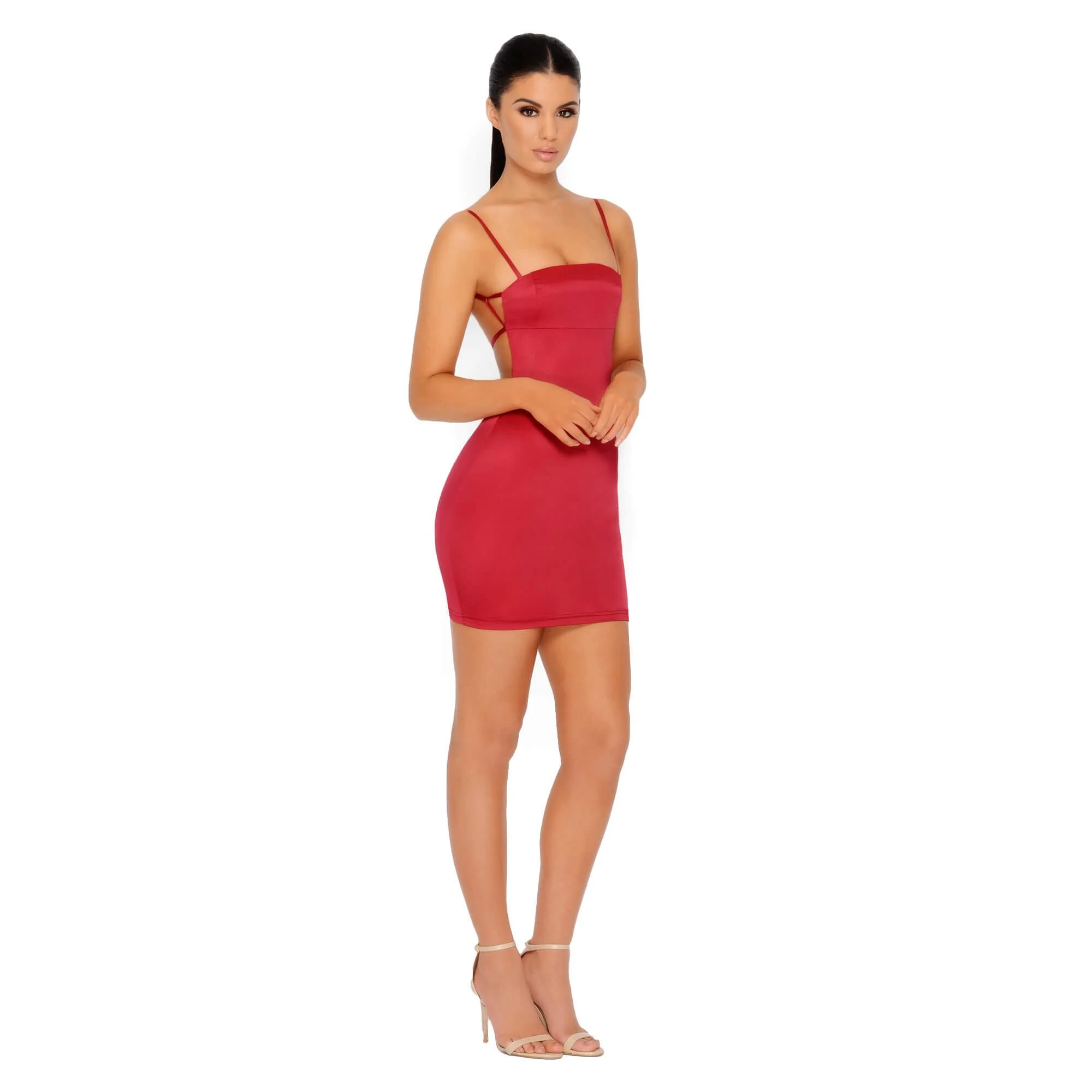 Cutting Shapes Satin Mini Dress in Berry Red