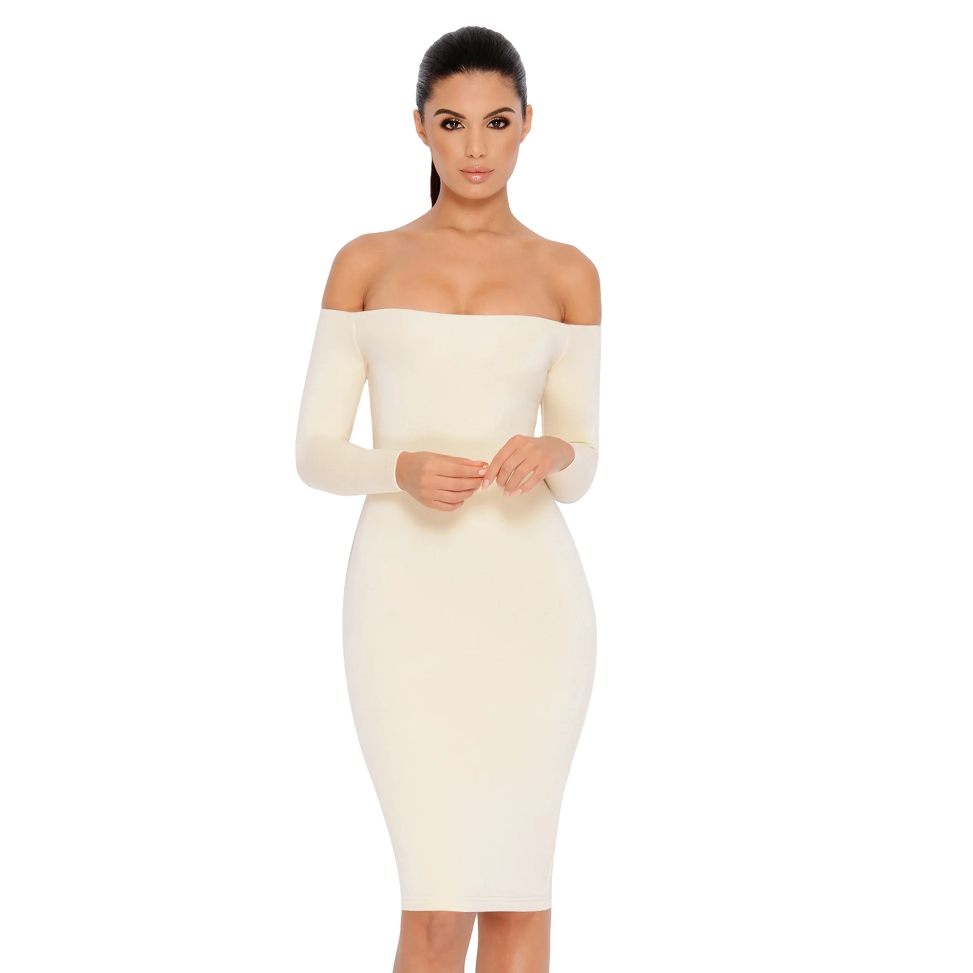 Bare Enough Off The Shoulder Double Layered Midi Dress in Ivory
