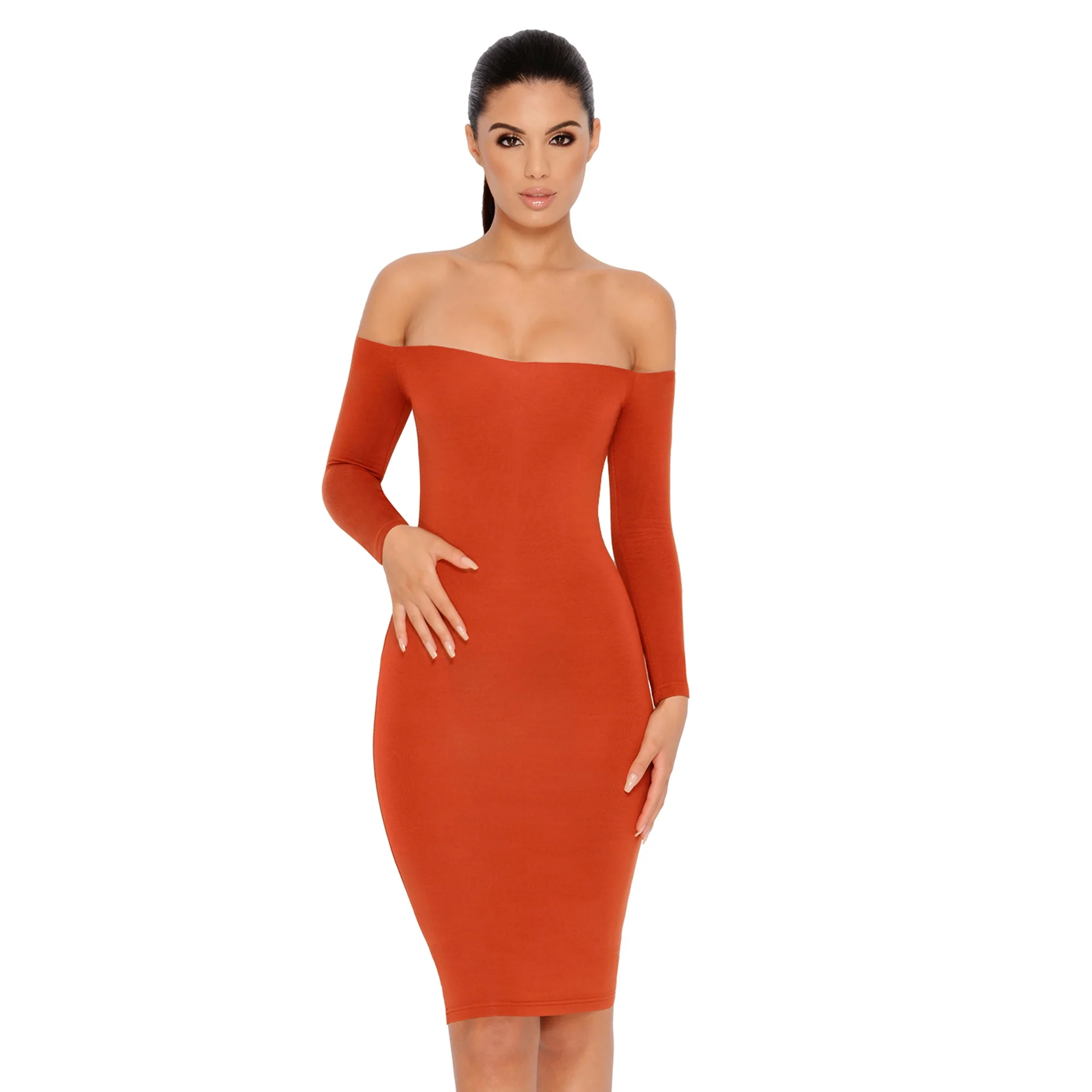 Bare Enough Off The Shoulder Double Layered Midi Dress in Copper