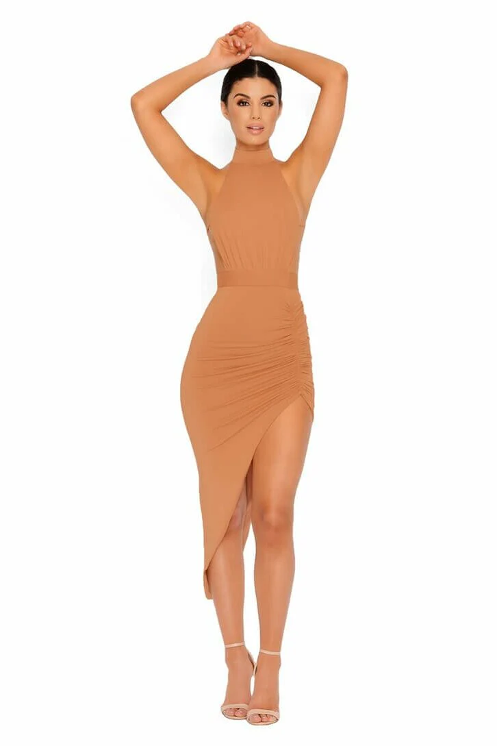 Eyes On The Thighs Halter Neck Asymmetric Midi Dress in Caramel