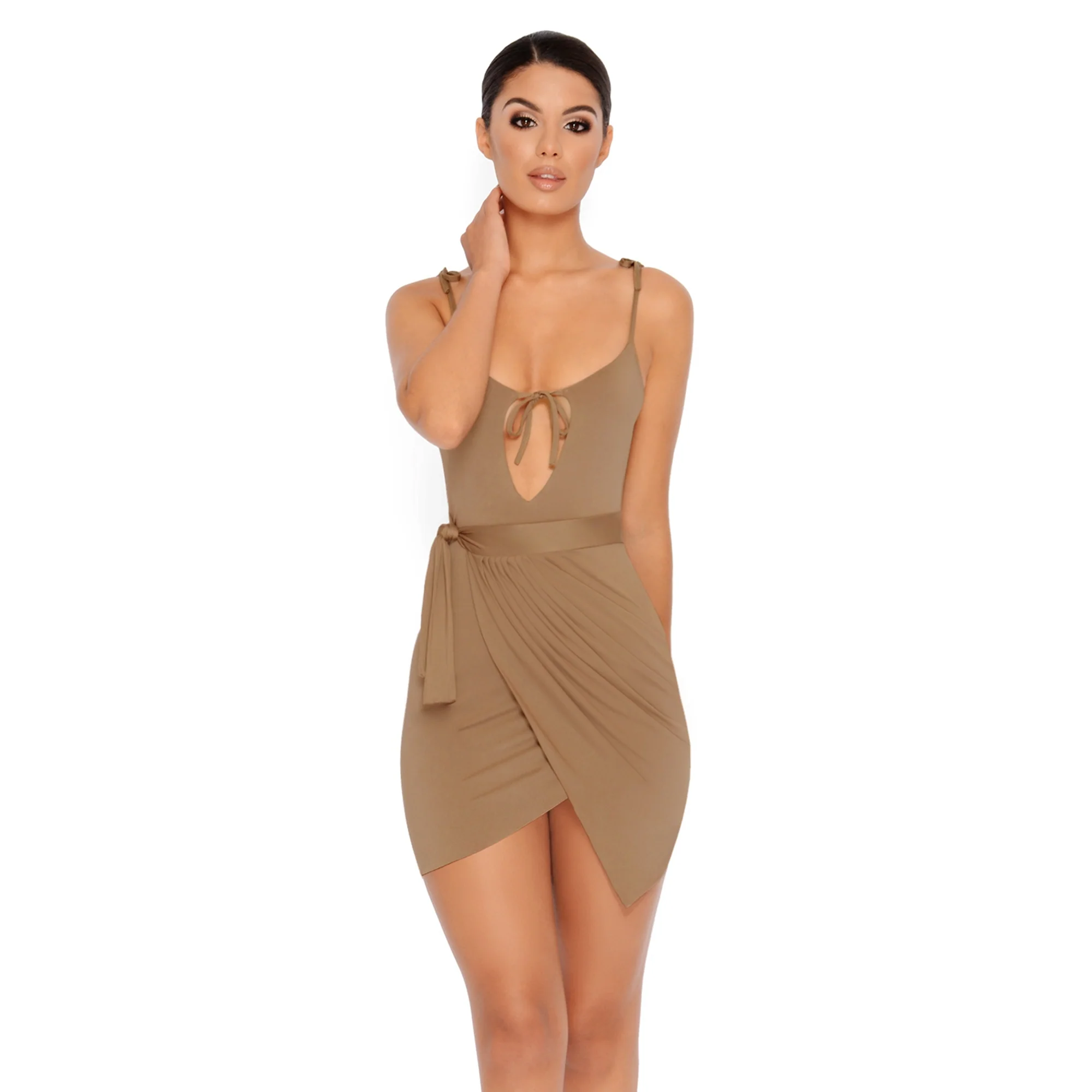 Bow My Mind Keyhole Wrap Mini Dress in Otter