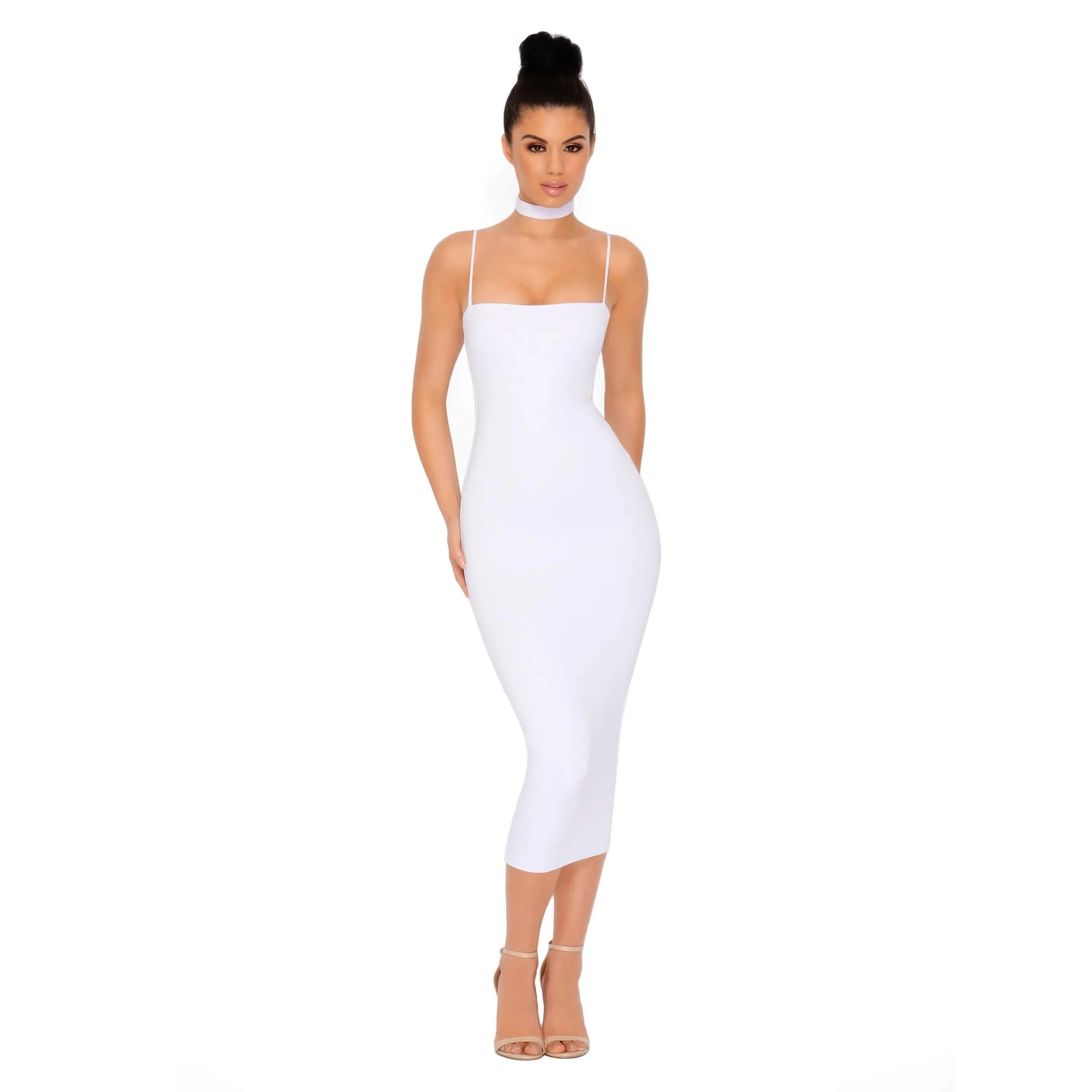 Choke Of Luck Double Layered Midi Dress with Choker in White