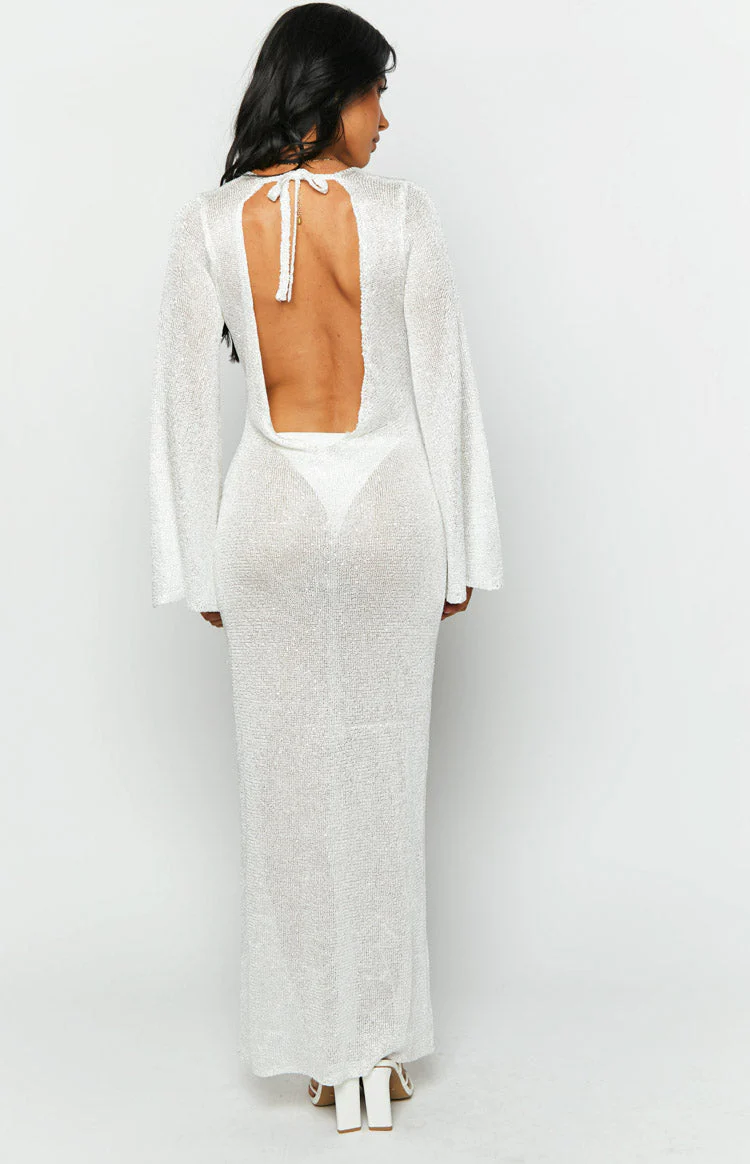 Kendrick White Sequin Knit Long Sleeve Maxi Dress