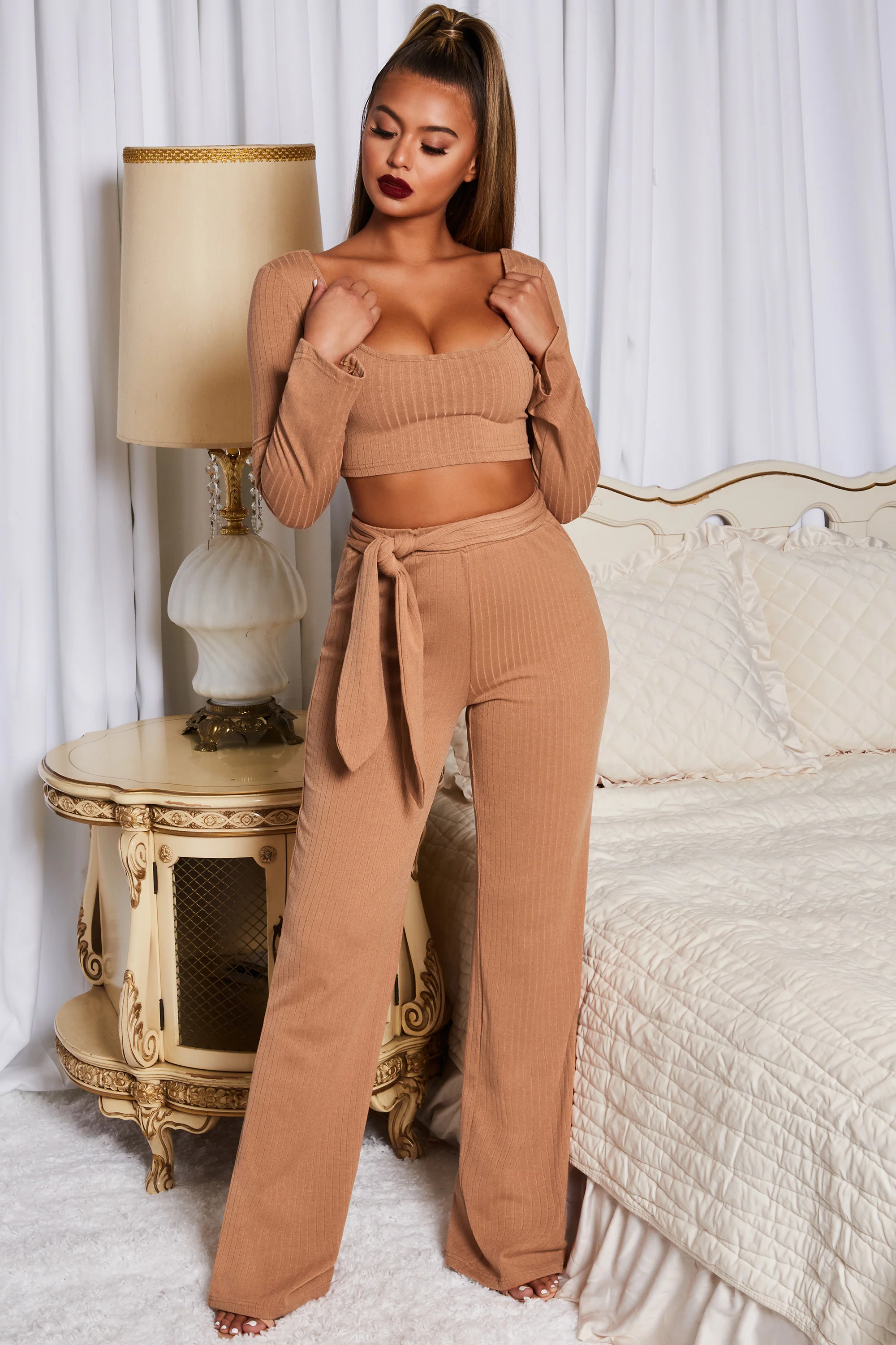 Hands Are Tied Ribbed Long Sleeve Crop Top in Camel