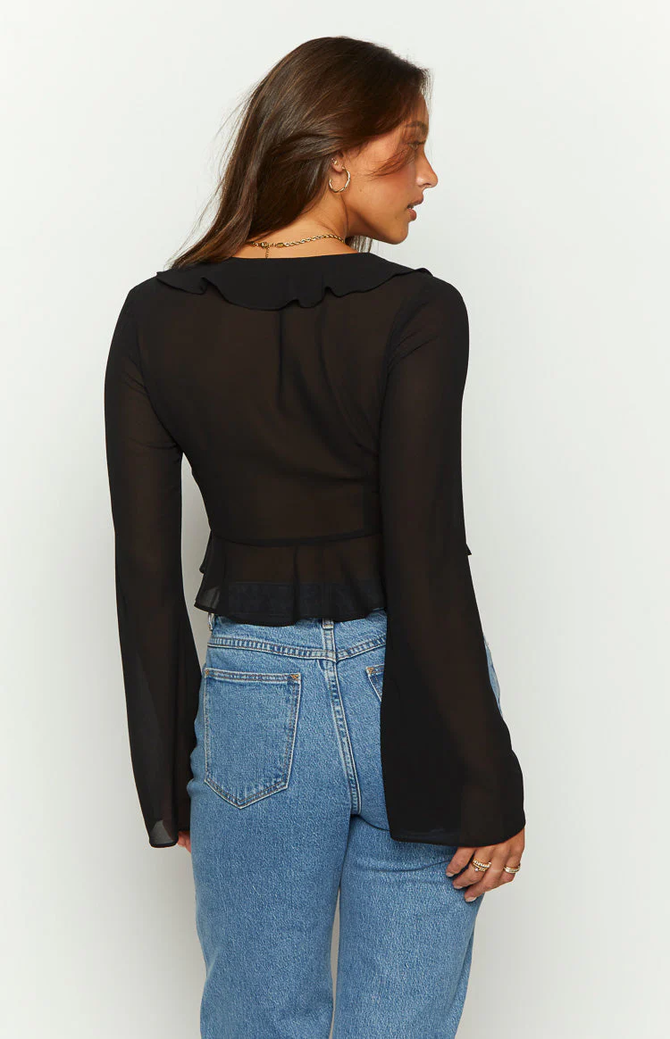 Kazan Black Frill Long Sleeve Top