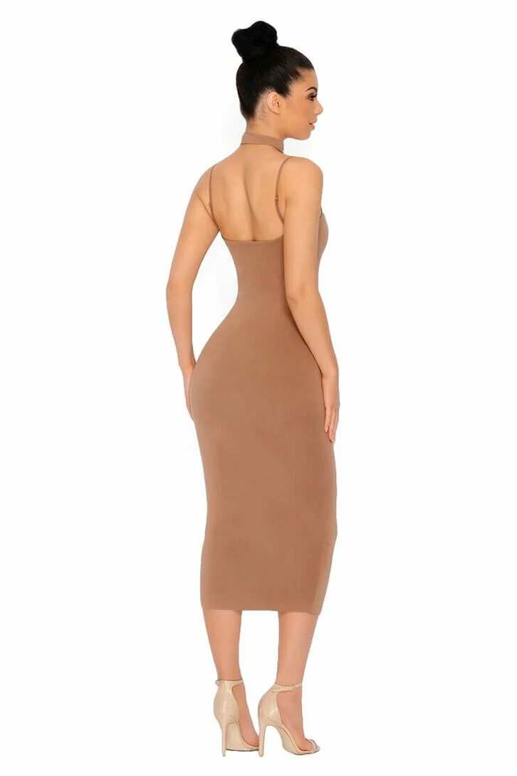 Choke Of Luck Double Layered Midi Dress with Choker in Brown