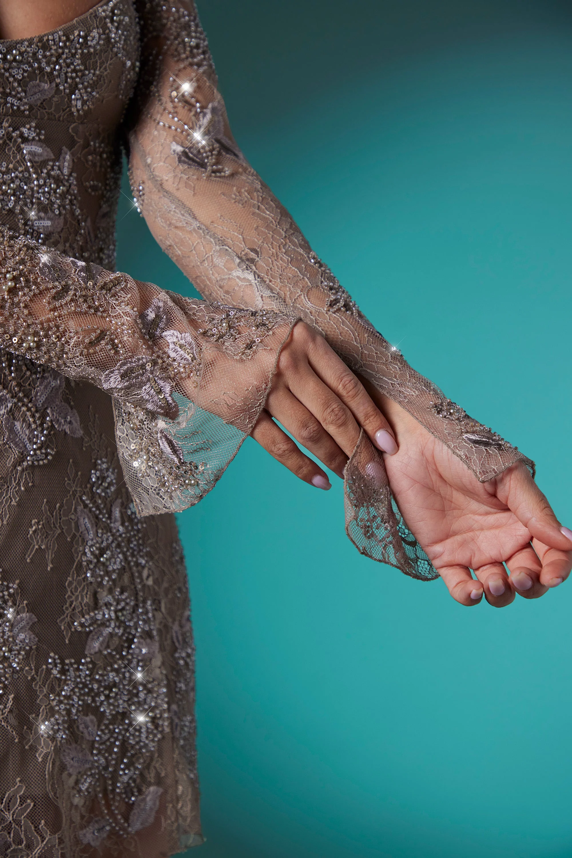 Long Sleeve Embellished Lace Shrug in Taupe