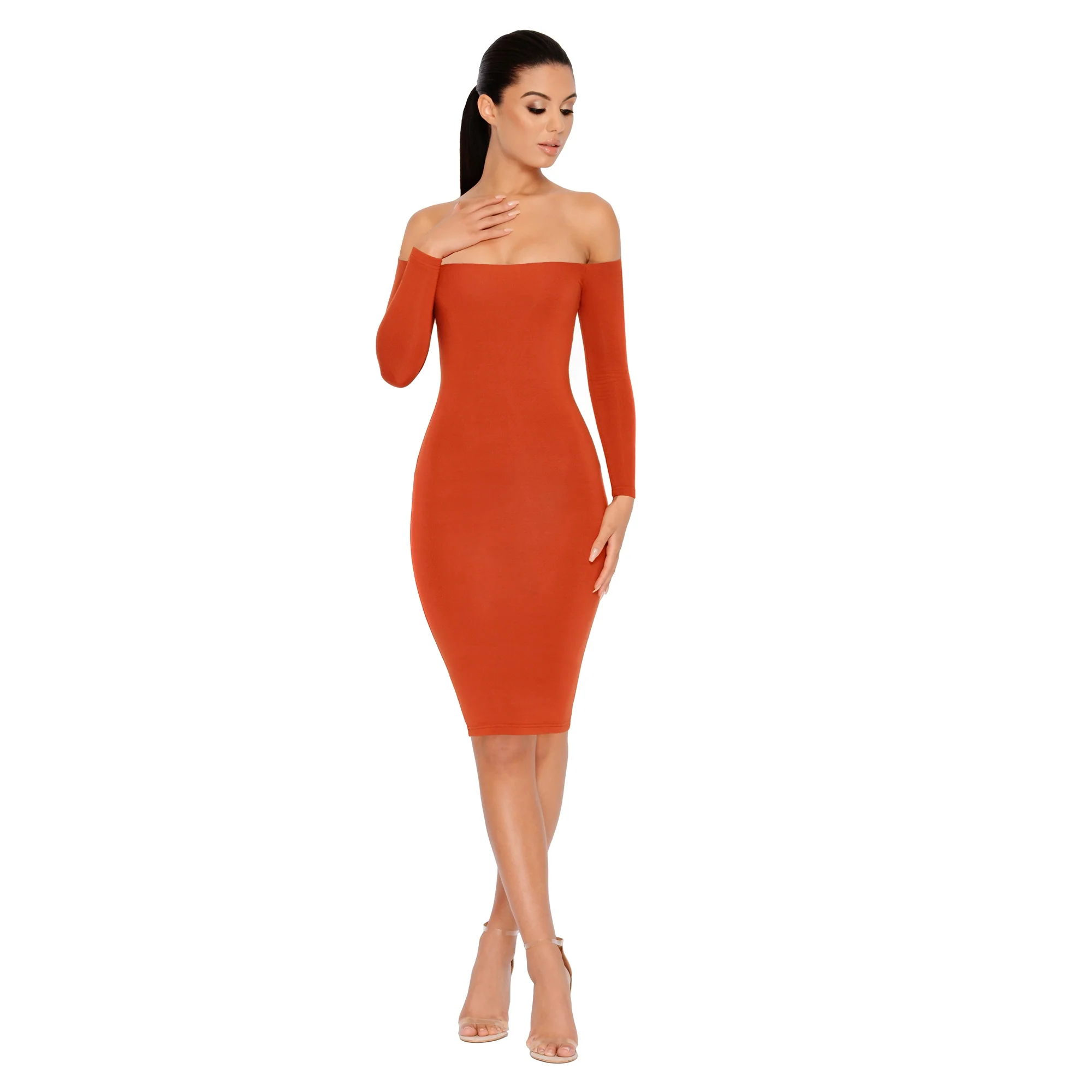 Bare Enough Off The Shoulder Double Layered Midi Dress in Copper