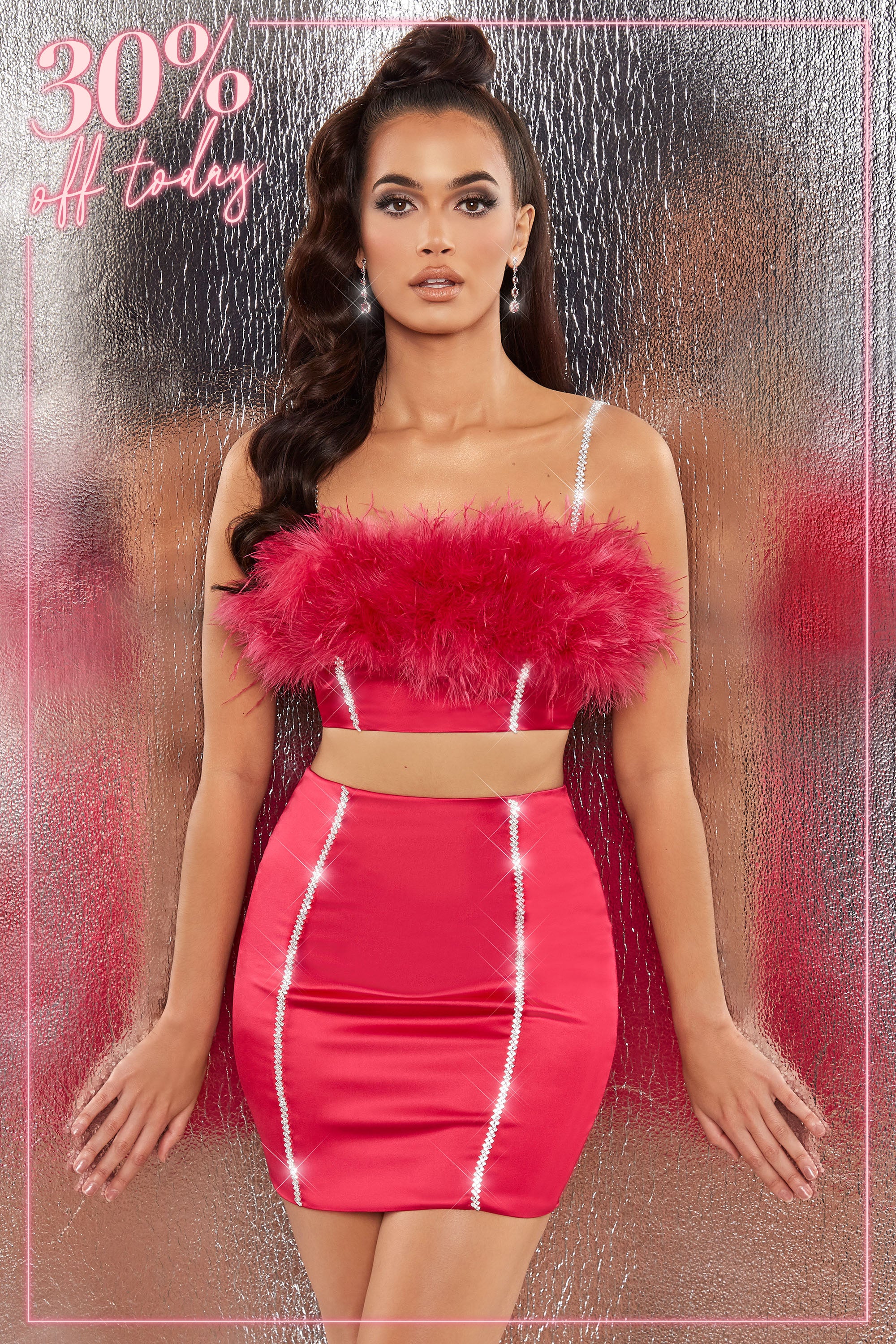 Bring The Party Embellished Satin Feather Crop Top in Hot Pink