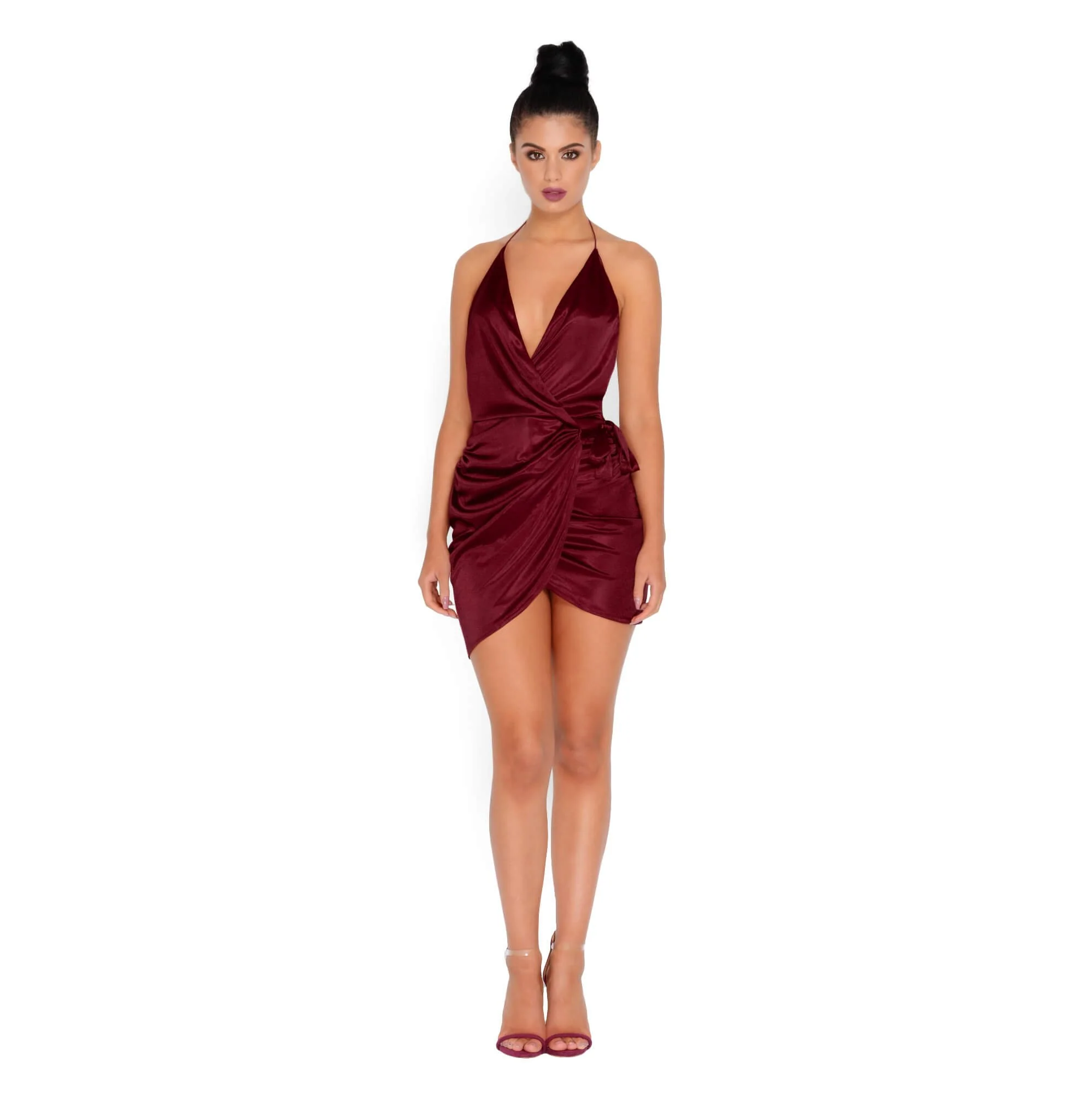 Holy Wrap Satin Wrap Mini Dress in Wine