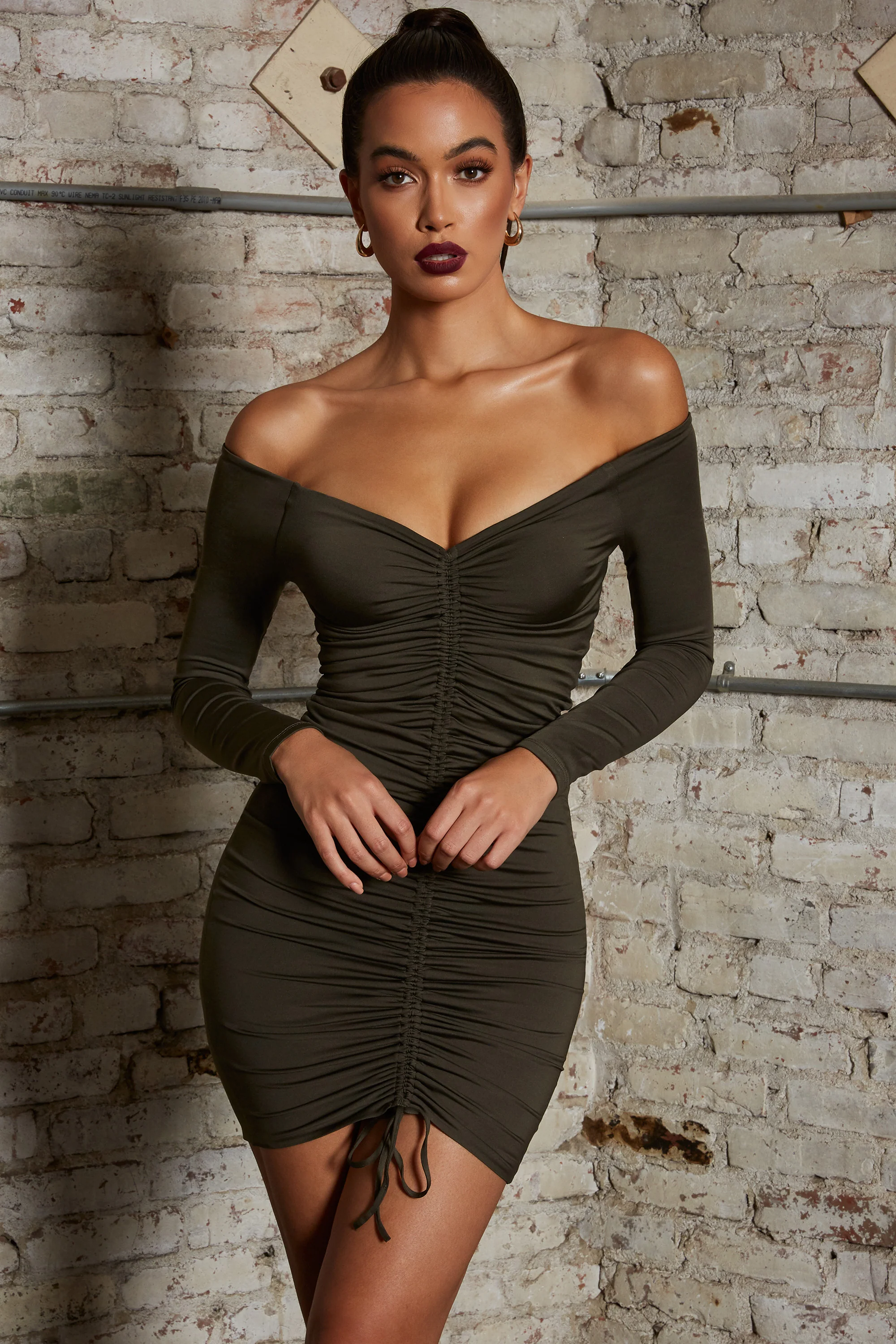 Get Down Tonight Long Sleeve Ruche Bardot Mini Dress in Khaki