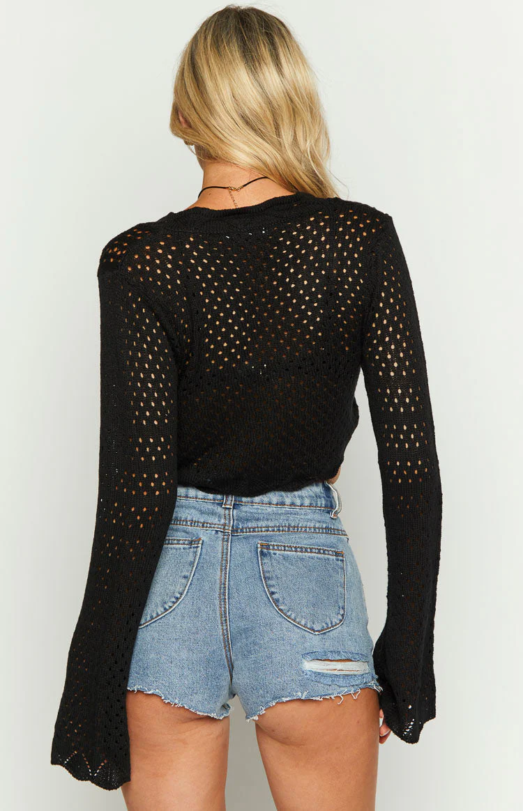 Eilish Black Crochet Long Sleeve Top