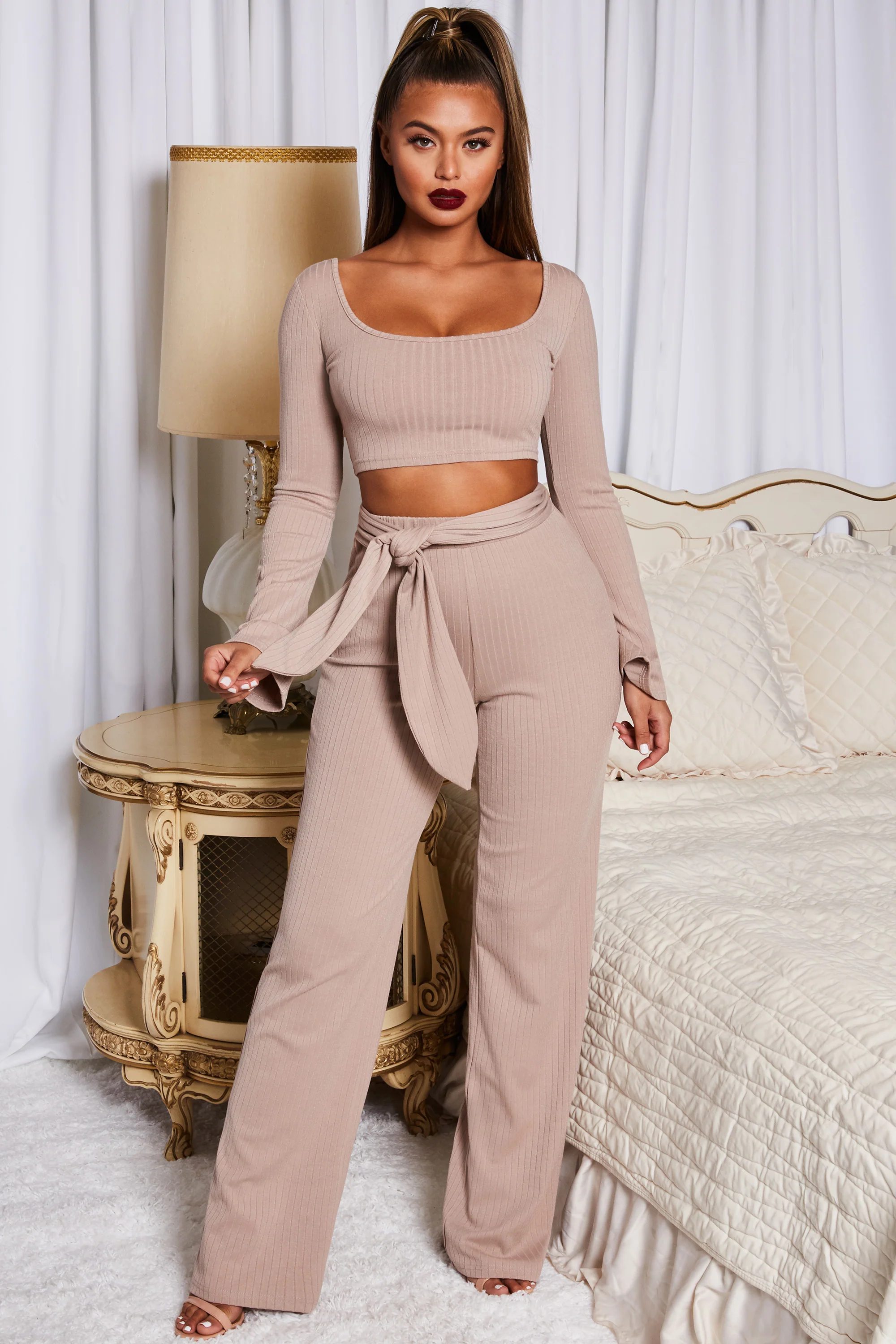 Hands Are Tied Ribbed Long Sleeve Crop Top in Stone
