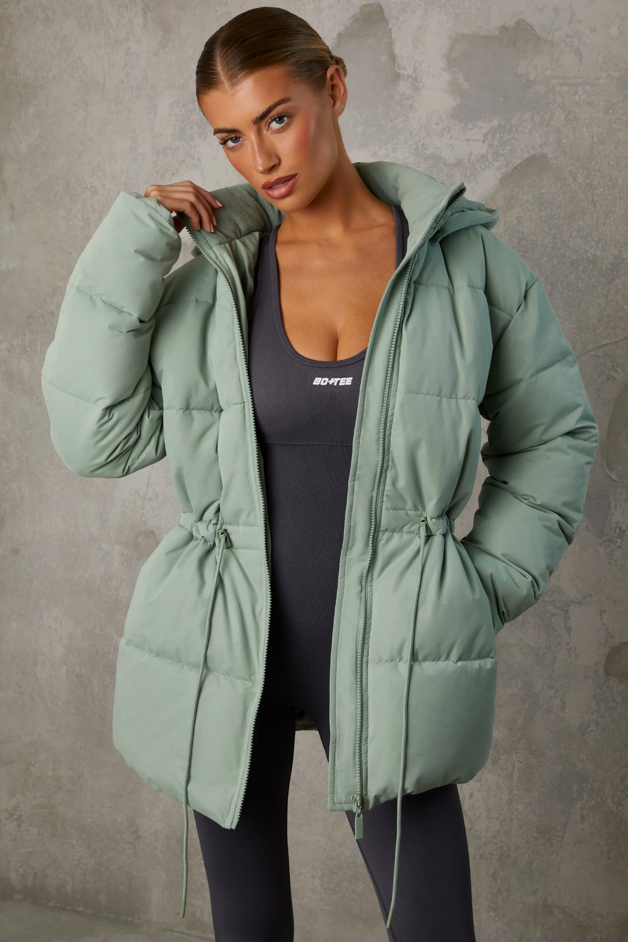 Mid Length Hooded Puffer Coat in Iceberg Green