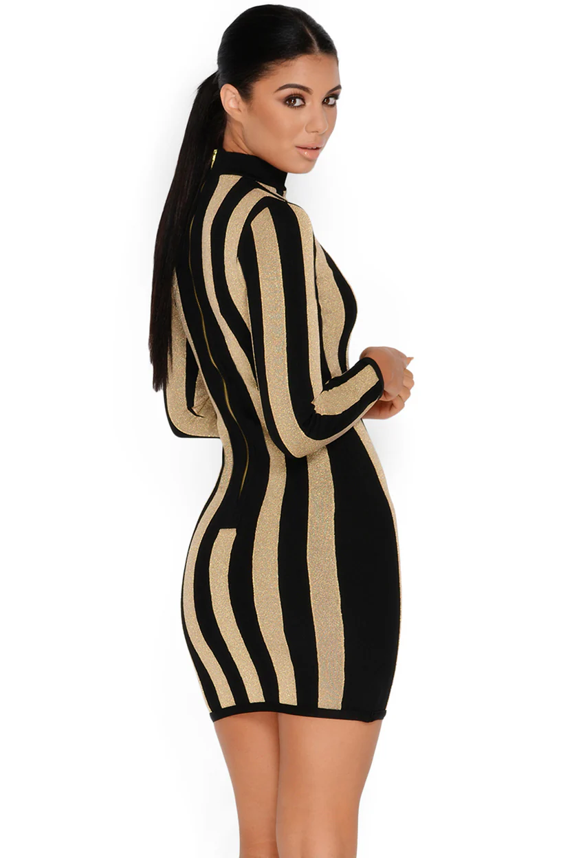 Gold Mine High Neck Stripey Mini Dress in Gold & Black