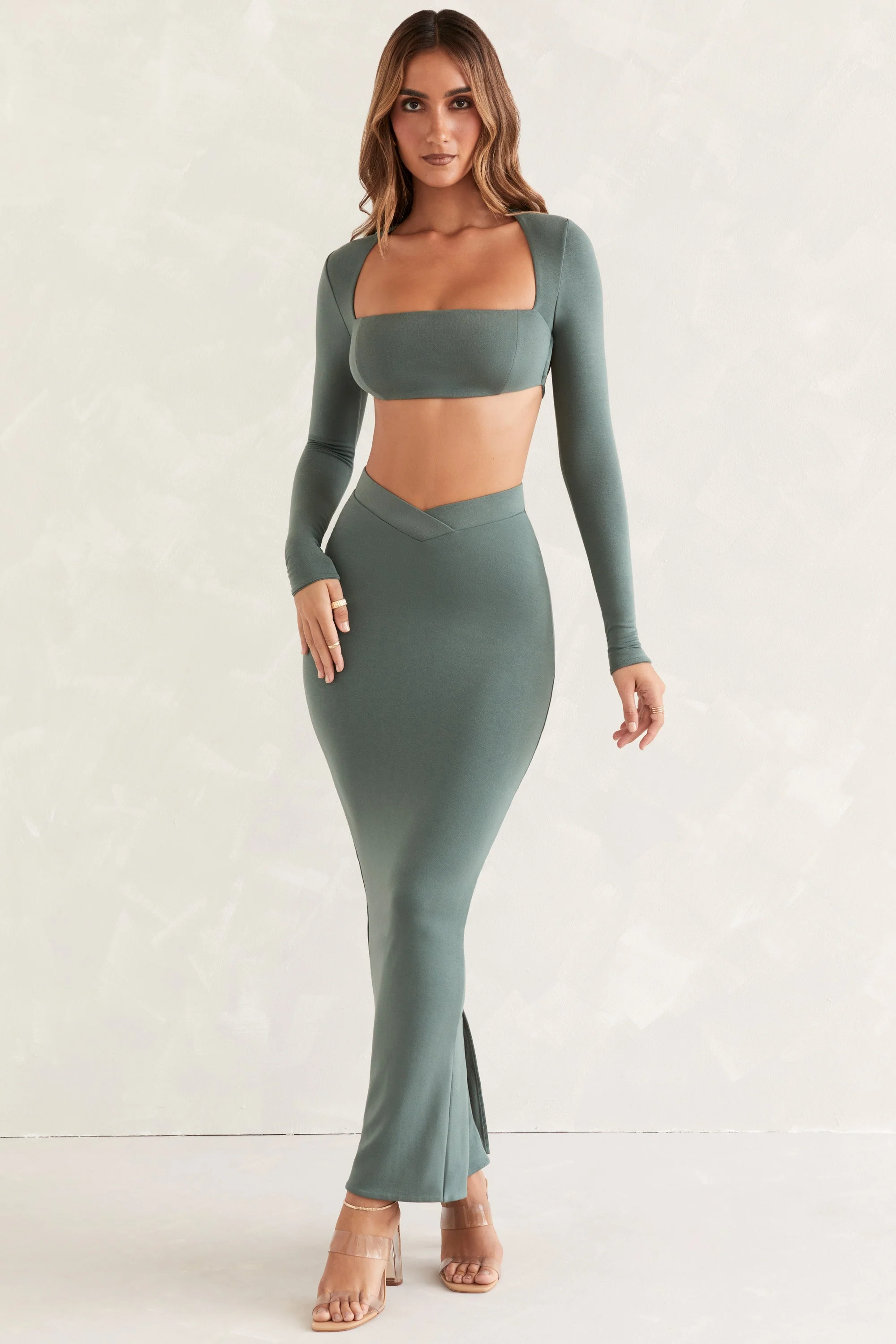 Flared Hem Maxi Skirt in Green