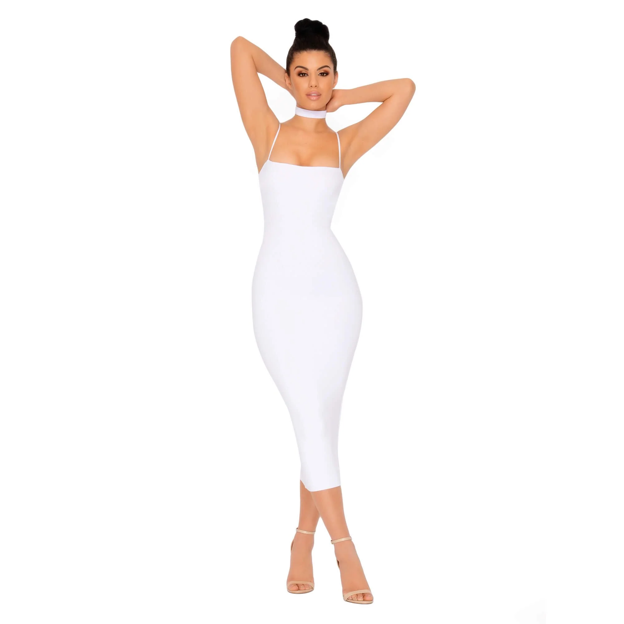 Choke Of Luck Double Layered Midi Dress with Choker in White