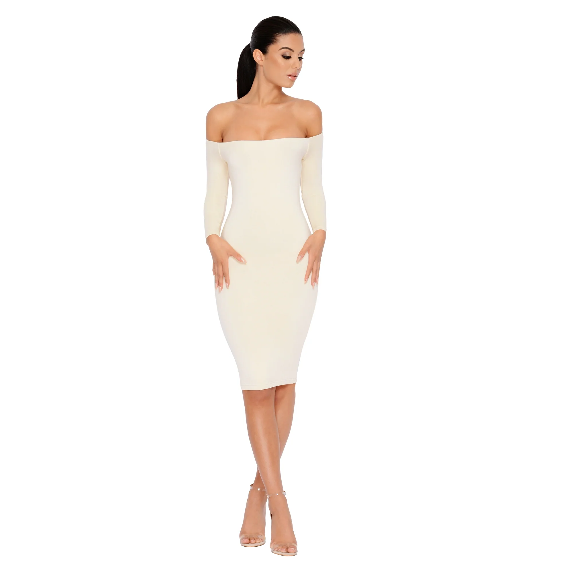 Bare Enough Off The Shoulder Double Layered Midi Dress in Ivory