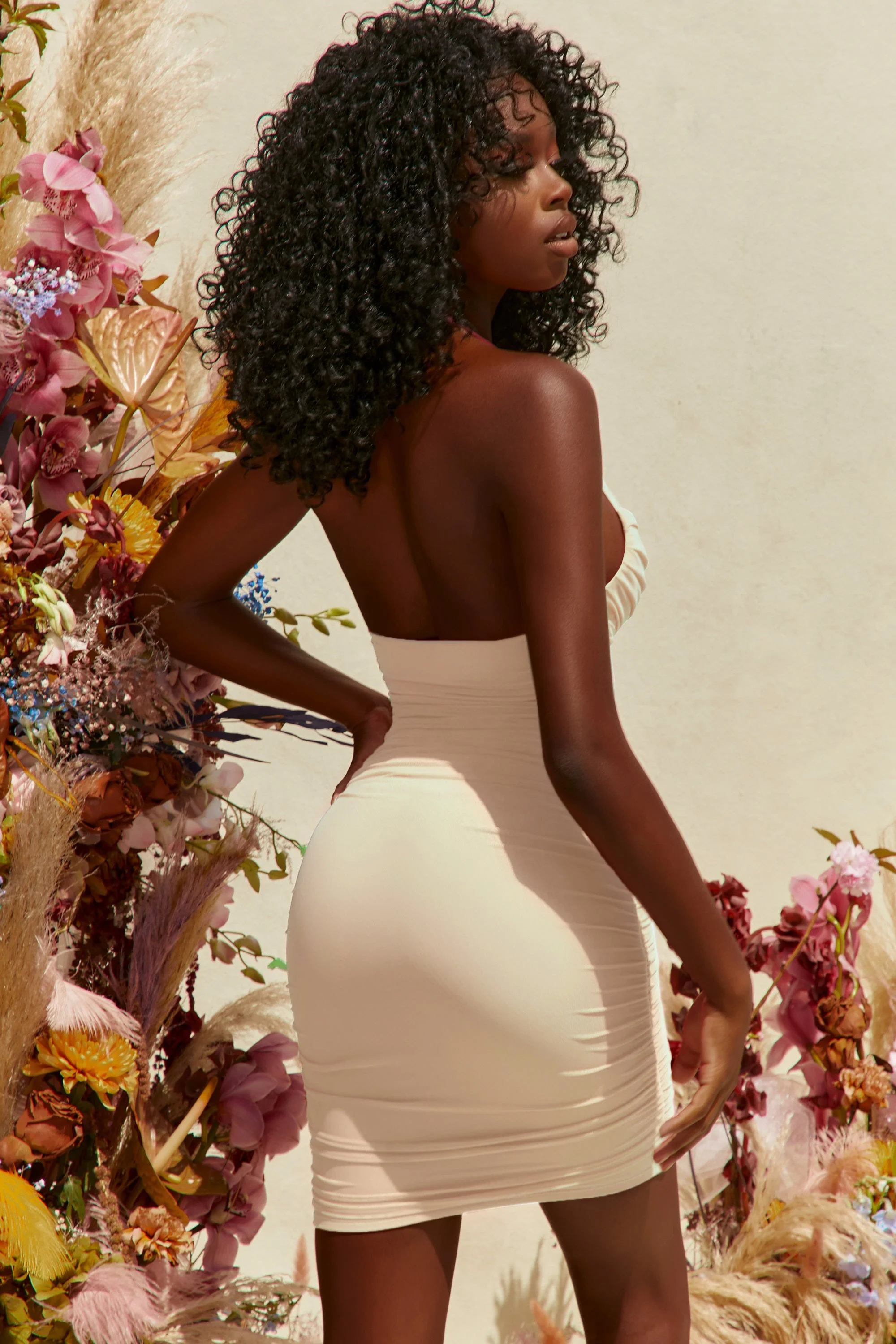 Halter Neck Ruched Mini Dress in Ivory