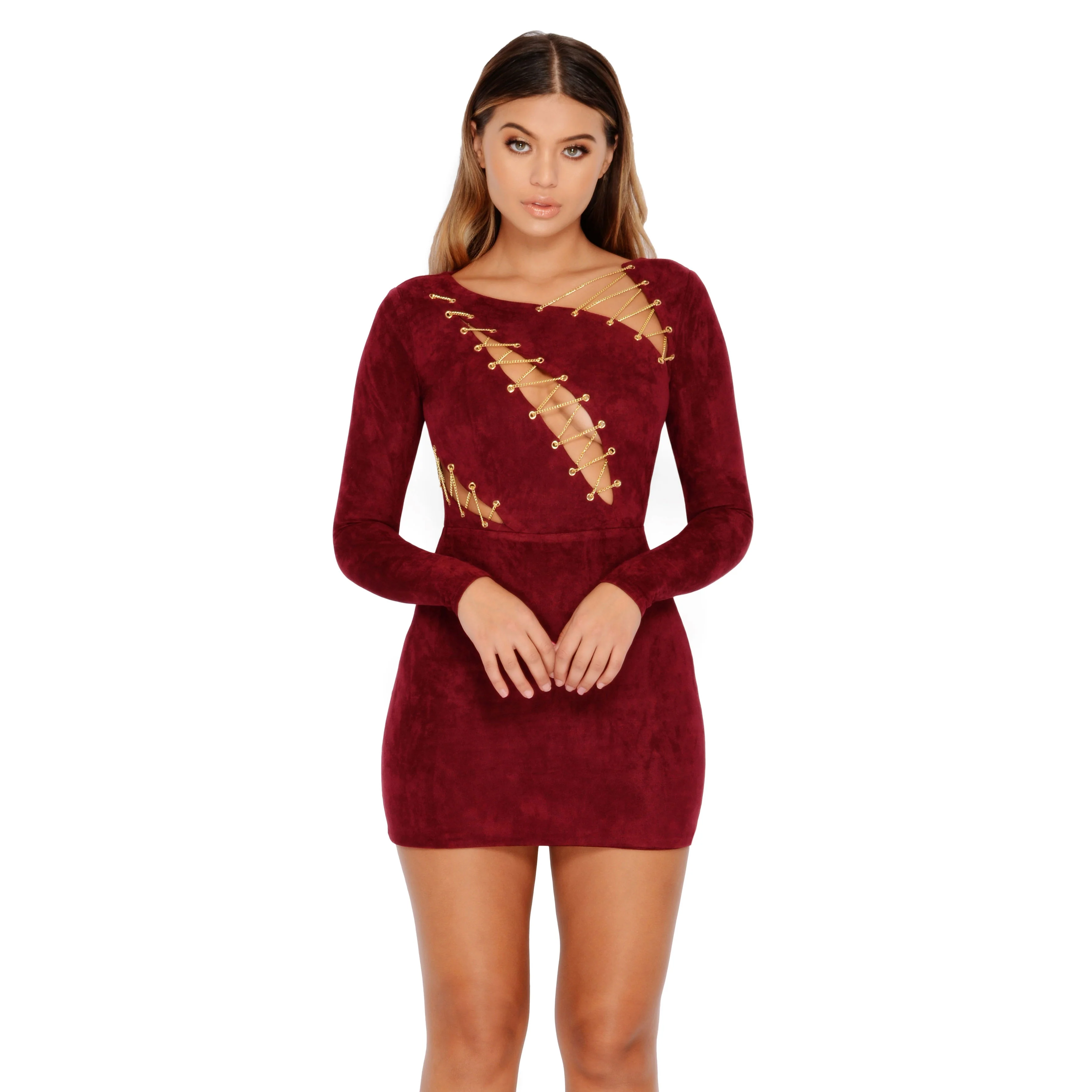Don't Cut Corners Suede Cut Out Mini Dress in Wine