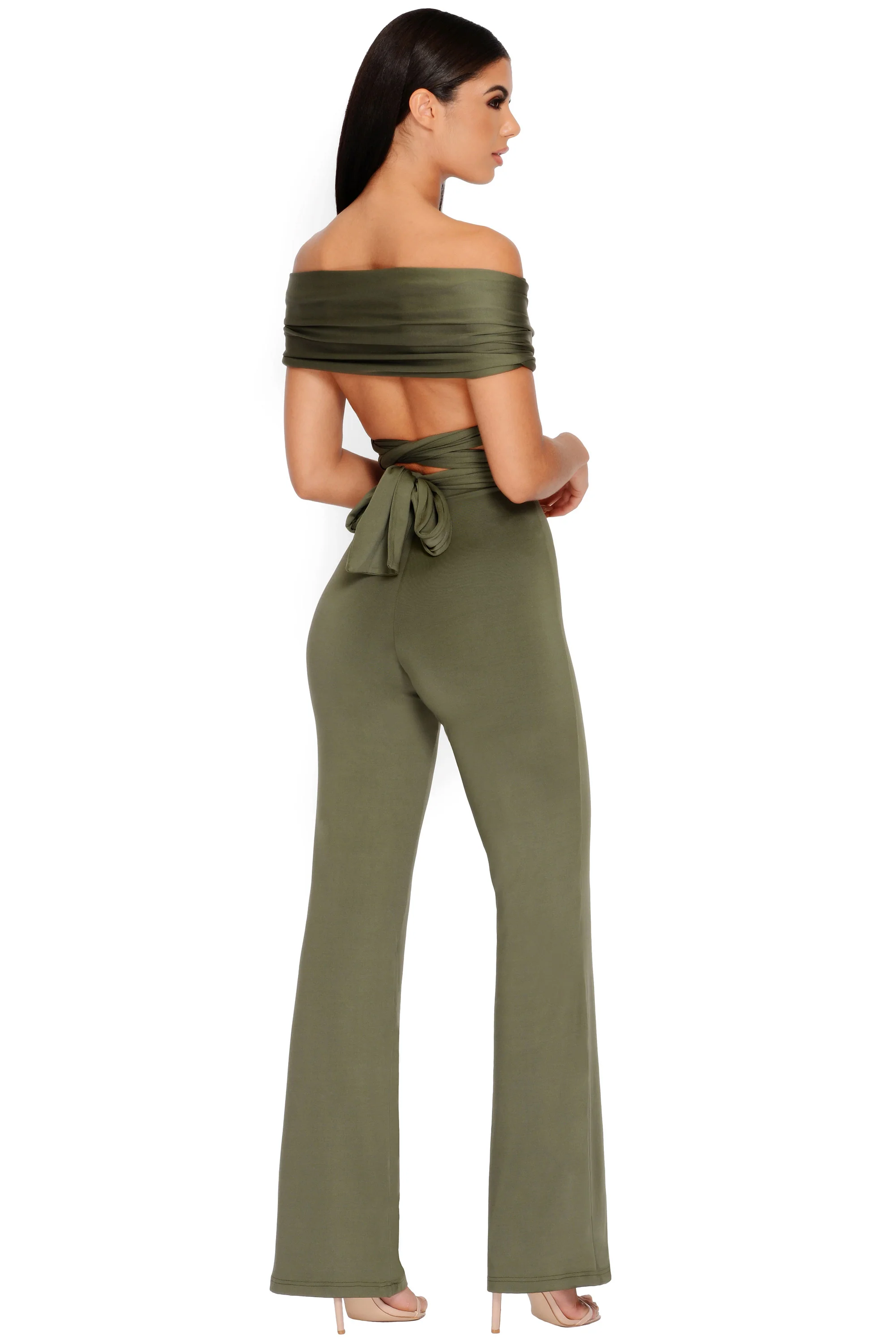 Late Night Ruche Off Shoulder Wrap Top in Khaki