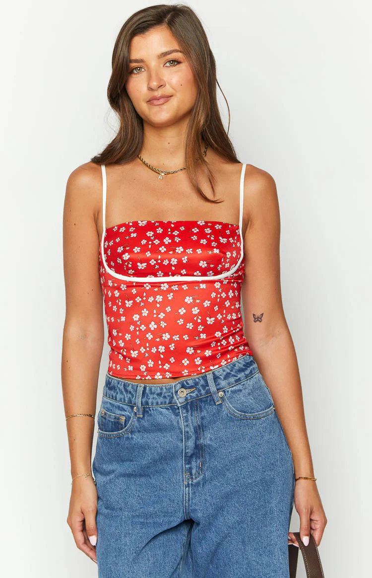 Tamra Red Floral Low Back Top