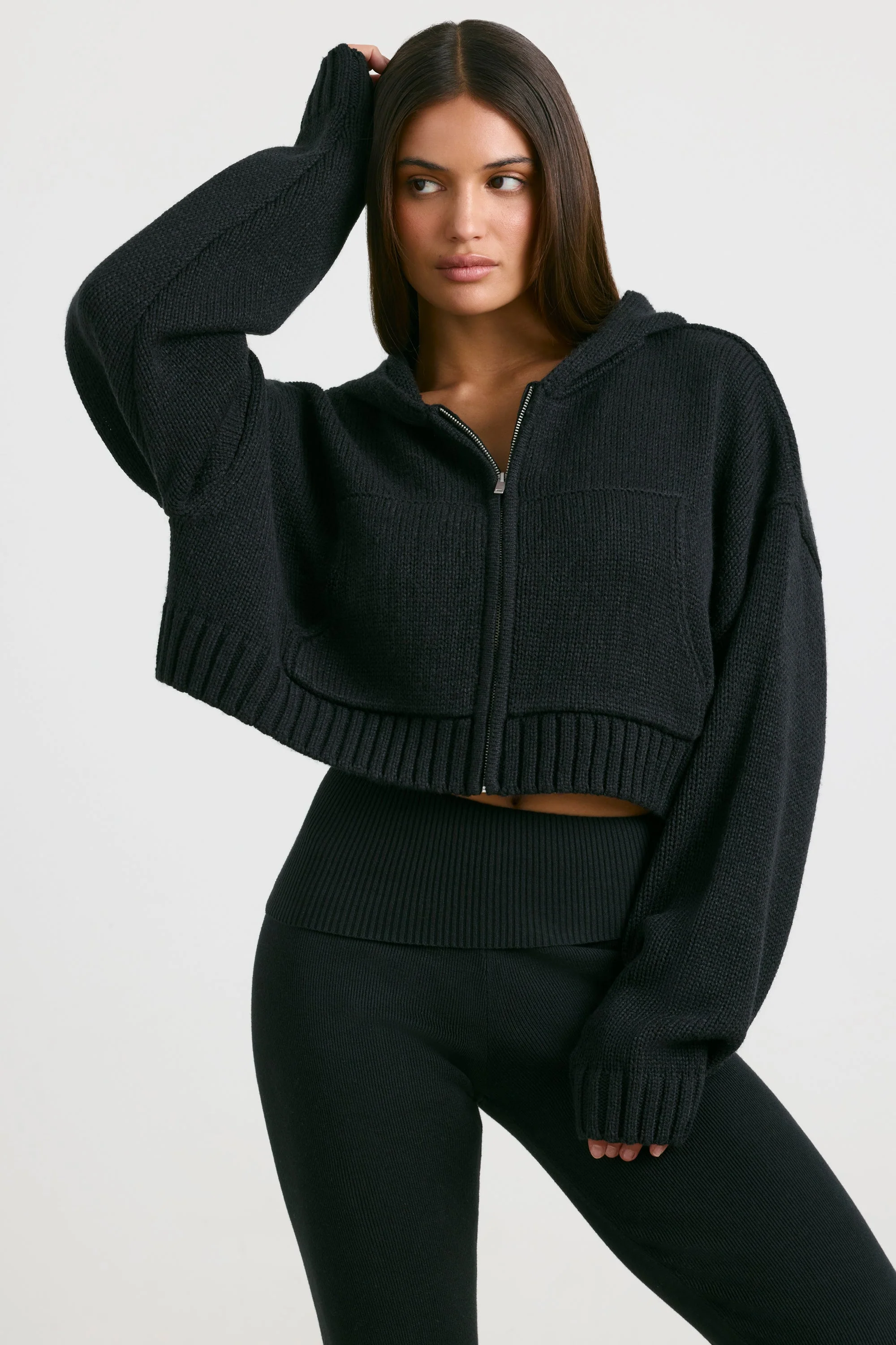 Cropped Zip Up Chunky Knit Hoodie in Black