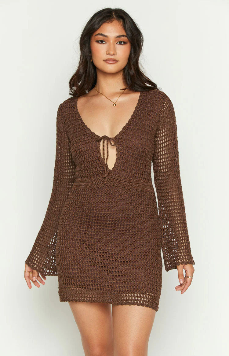 Donovan Brown Crochet Mini Dress