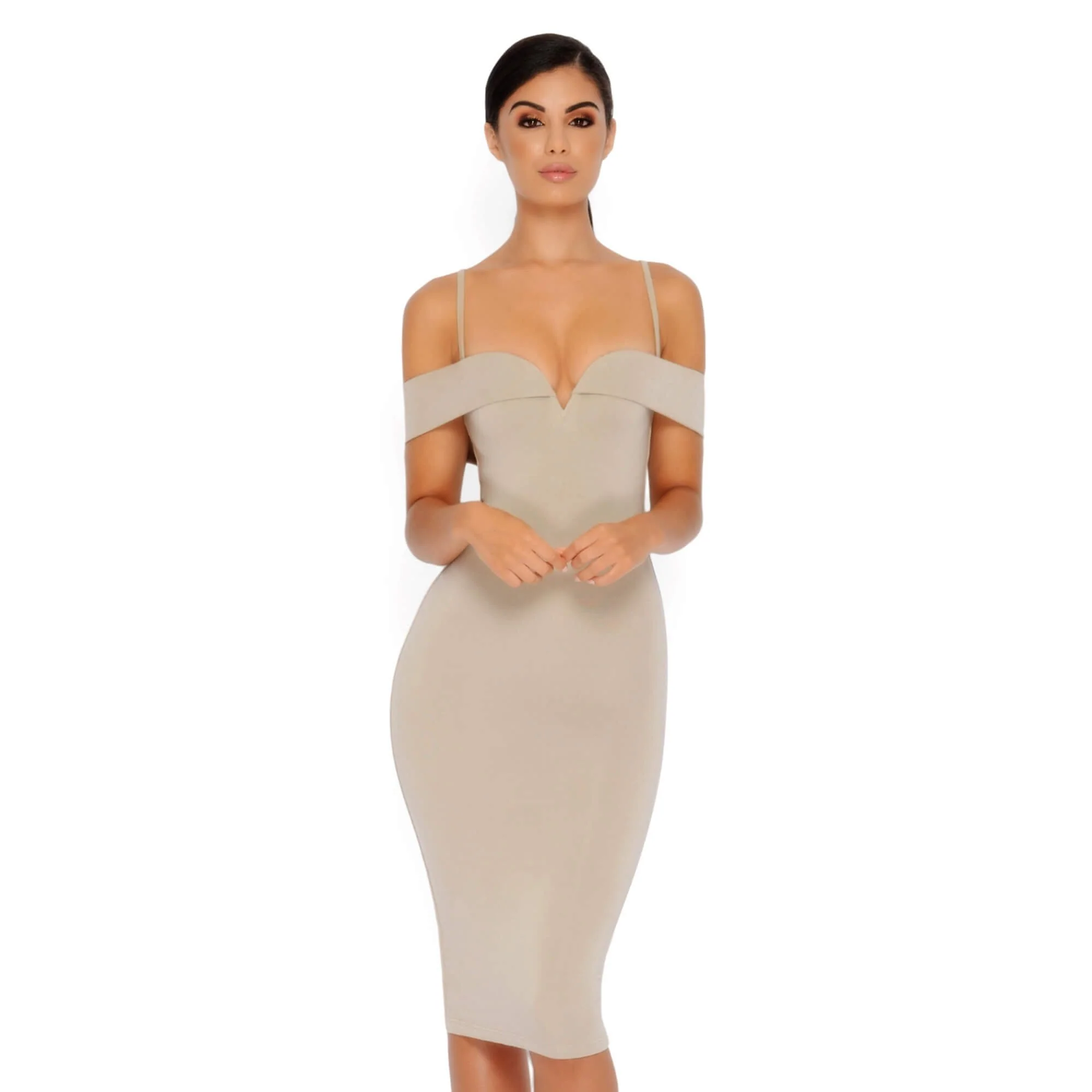 Bold Shoulder Double Layered Bardot Midi Dress in Stone